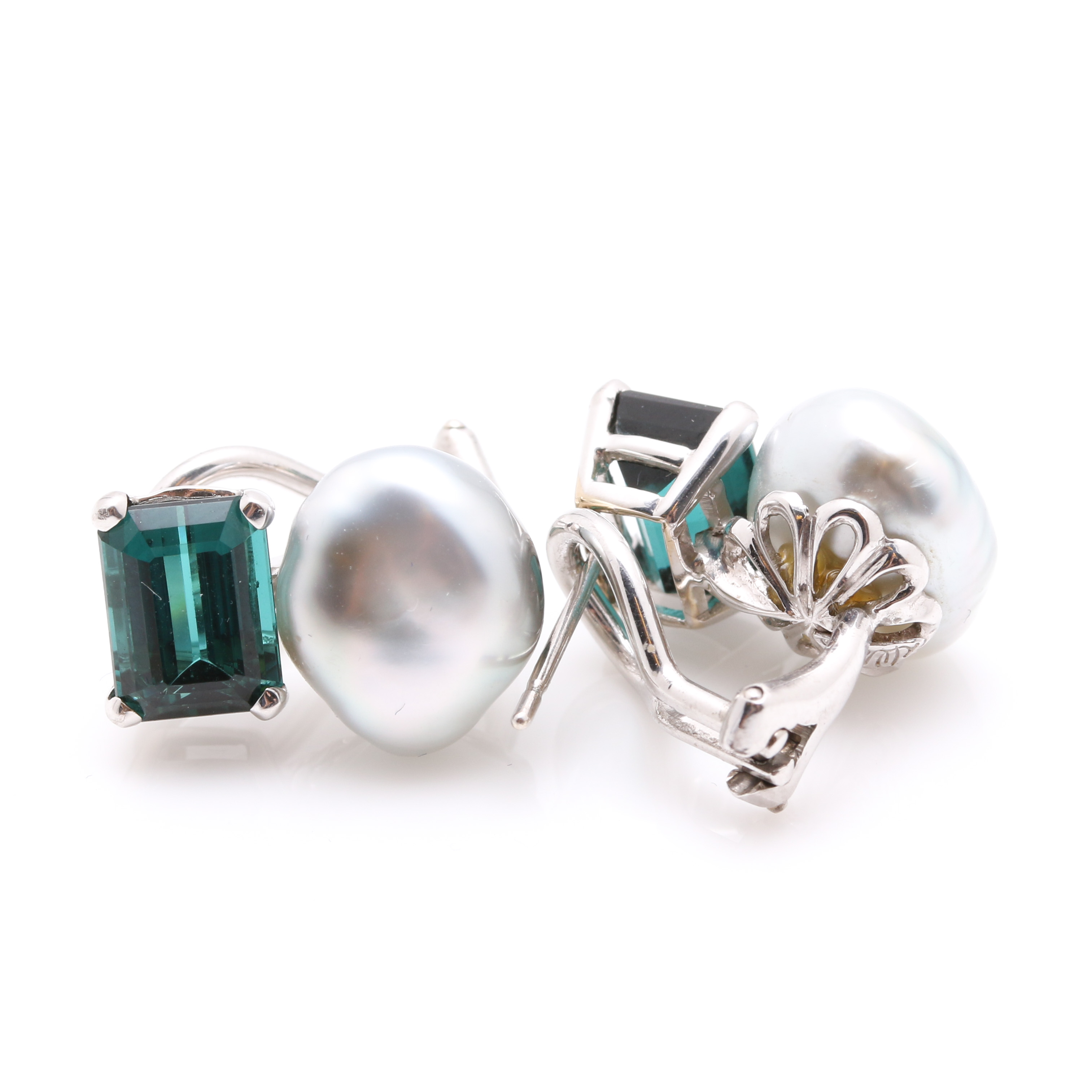 18K White Gold Tourmaline and Pearl Earrings