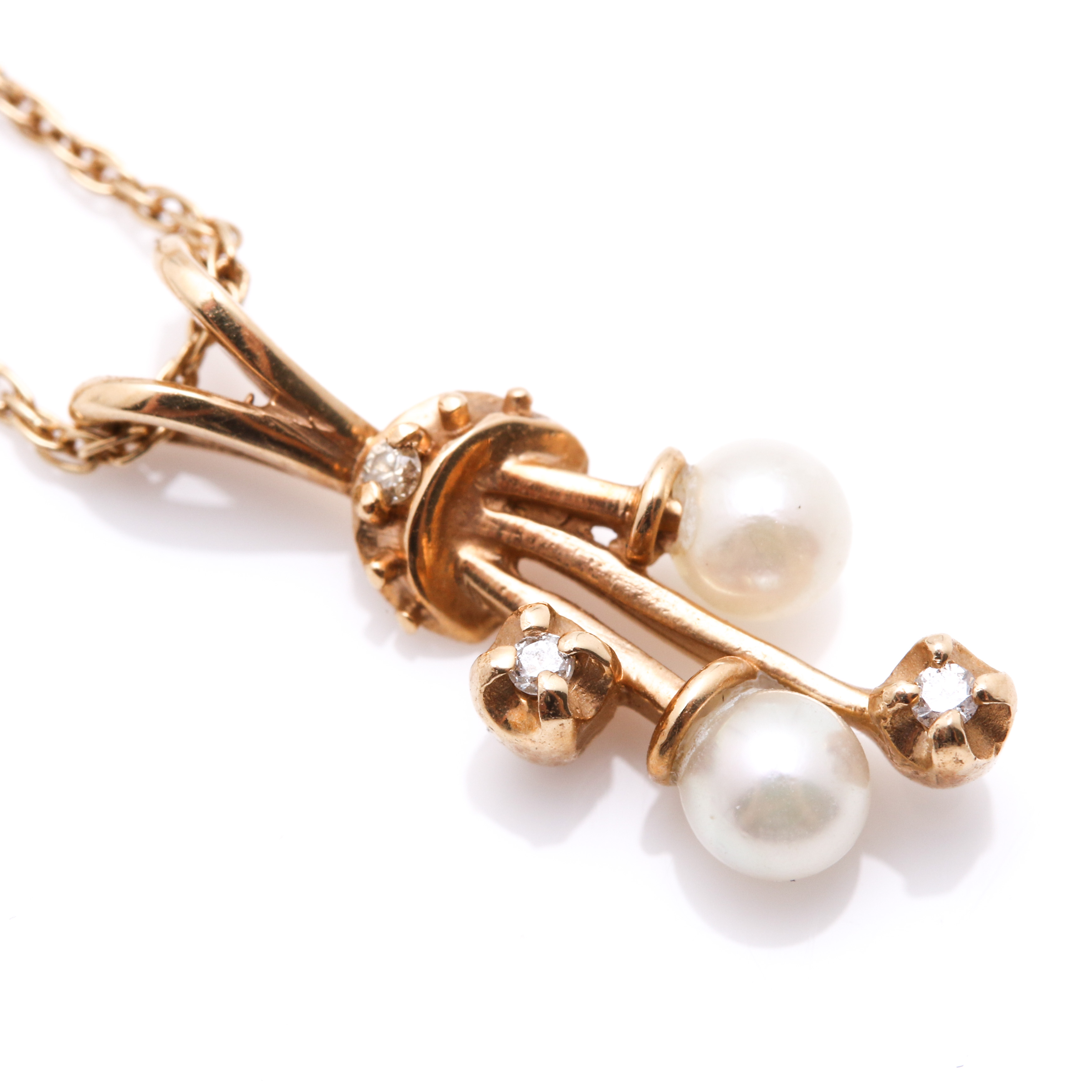 14K Yellow Gold Diamond and Pearl Necklace With Earrings