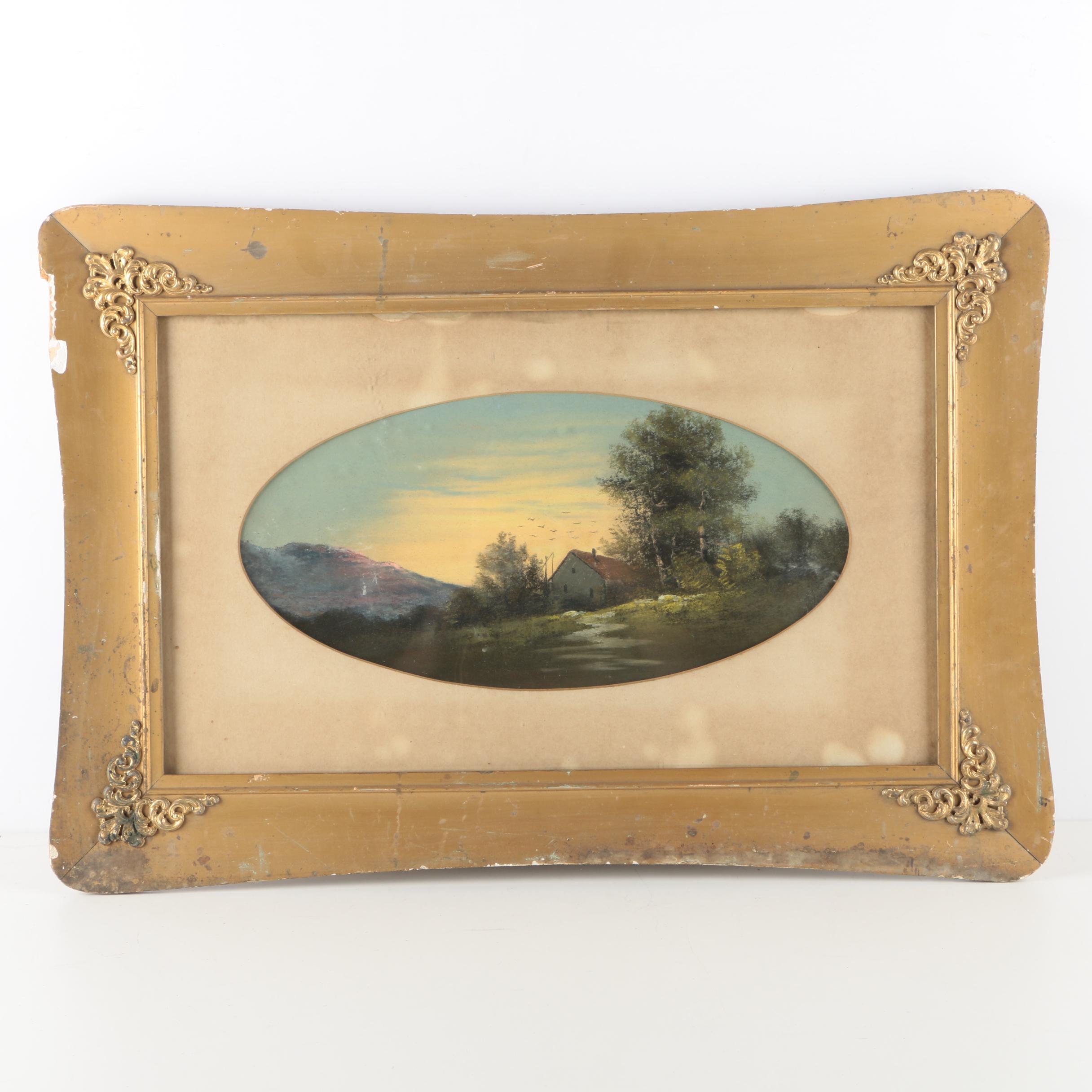 Pastel Drawing on Paper of Pastoral Landscape