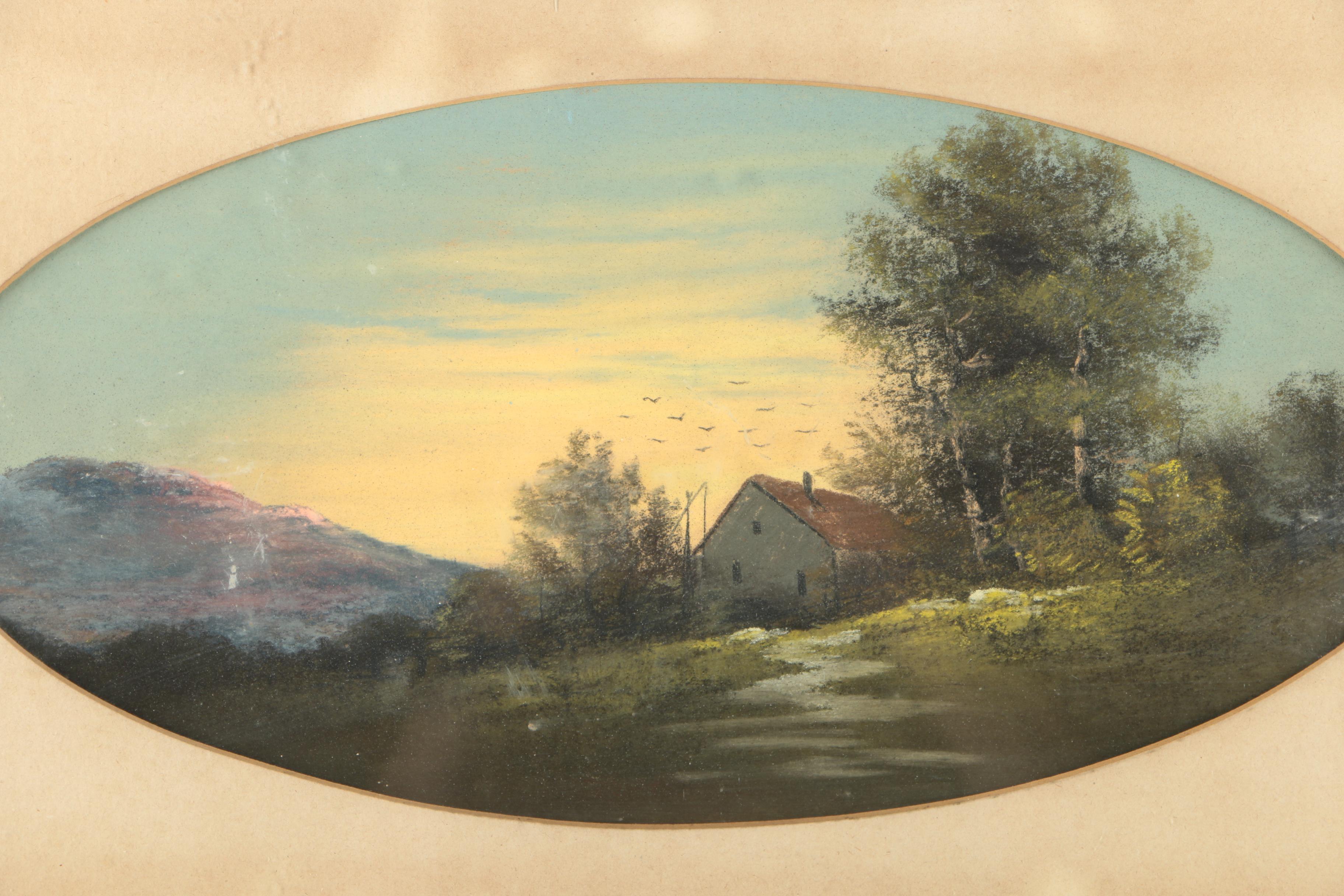 Pastel Drawing on Paper of Pastoral Landscape