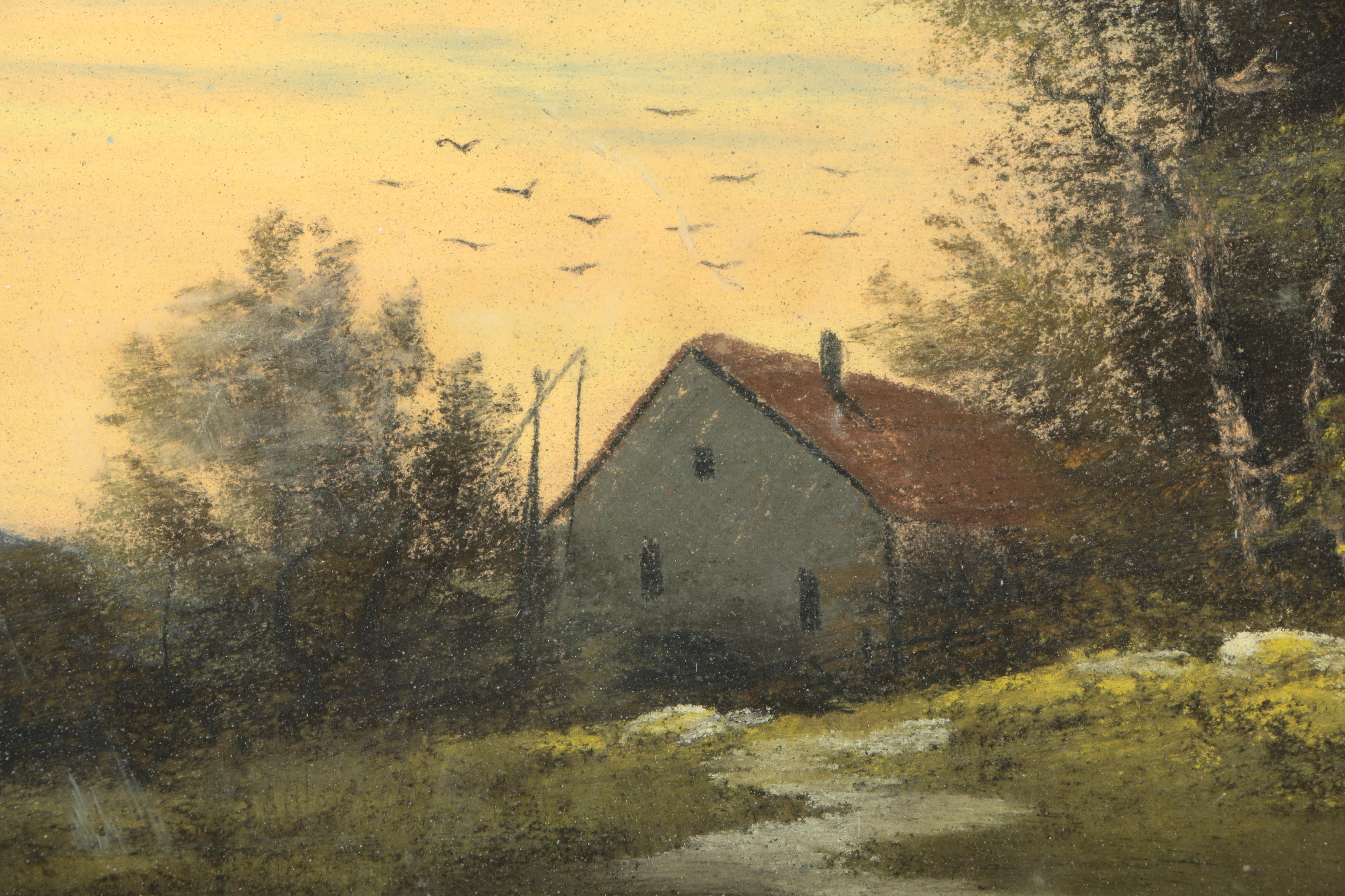 Pastel Drawing on Paper of Pastoral Landscape