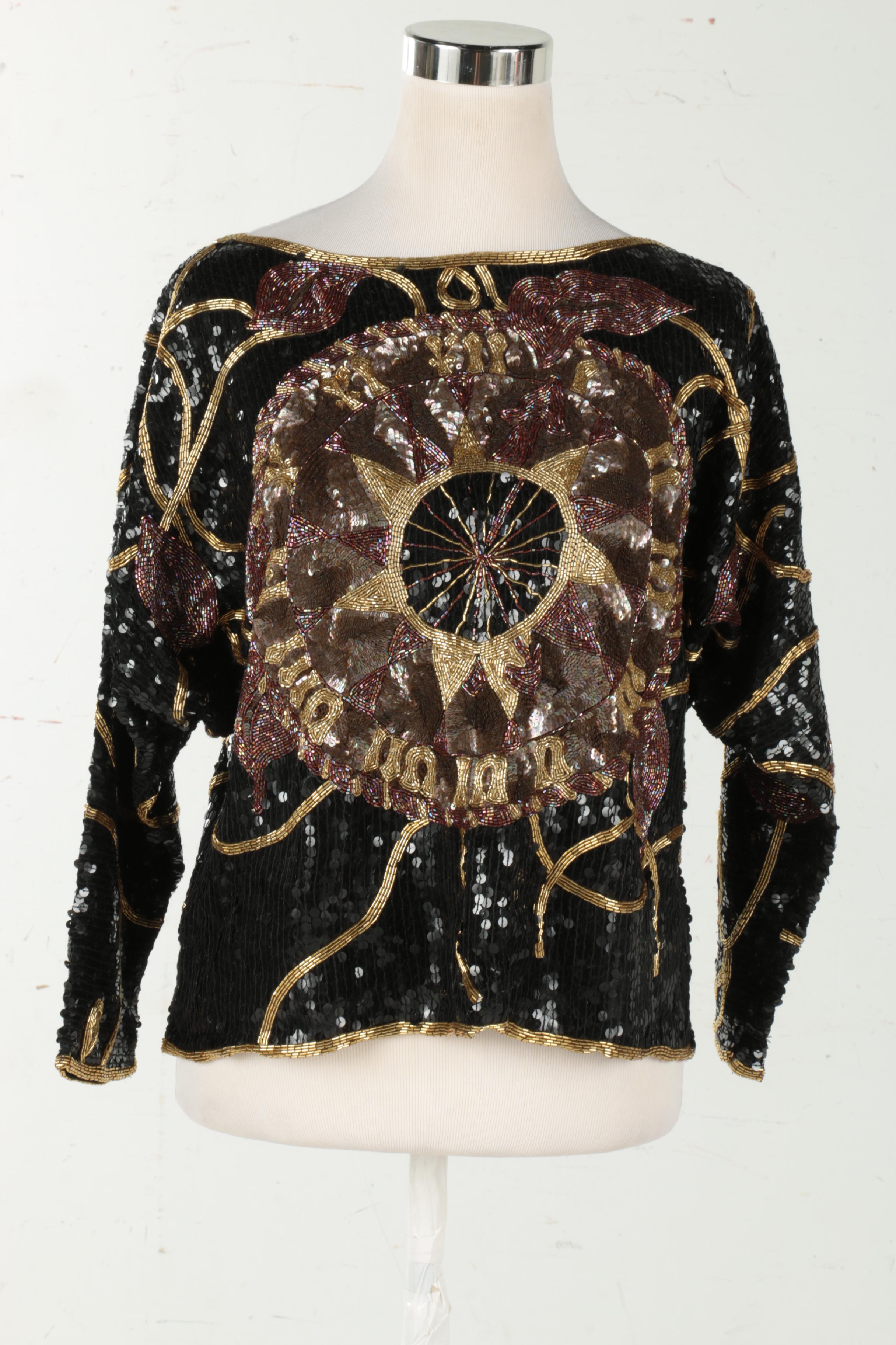 Women's Vintage Sequined Clock Face Top