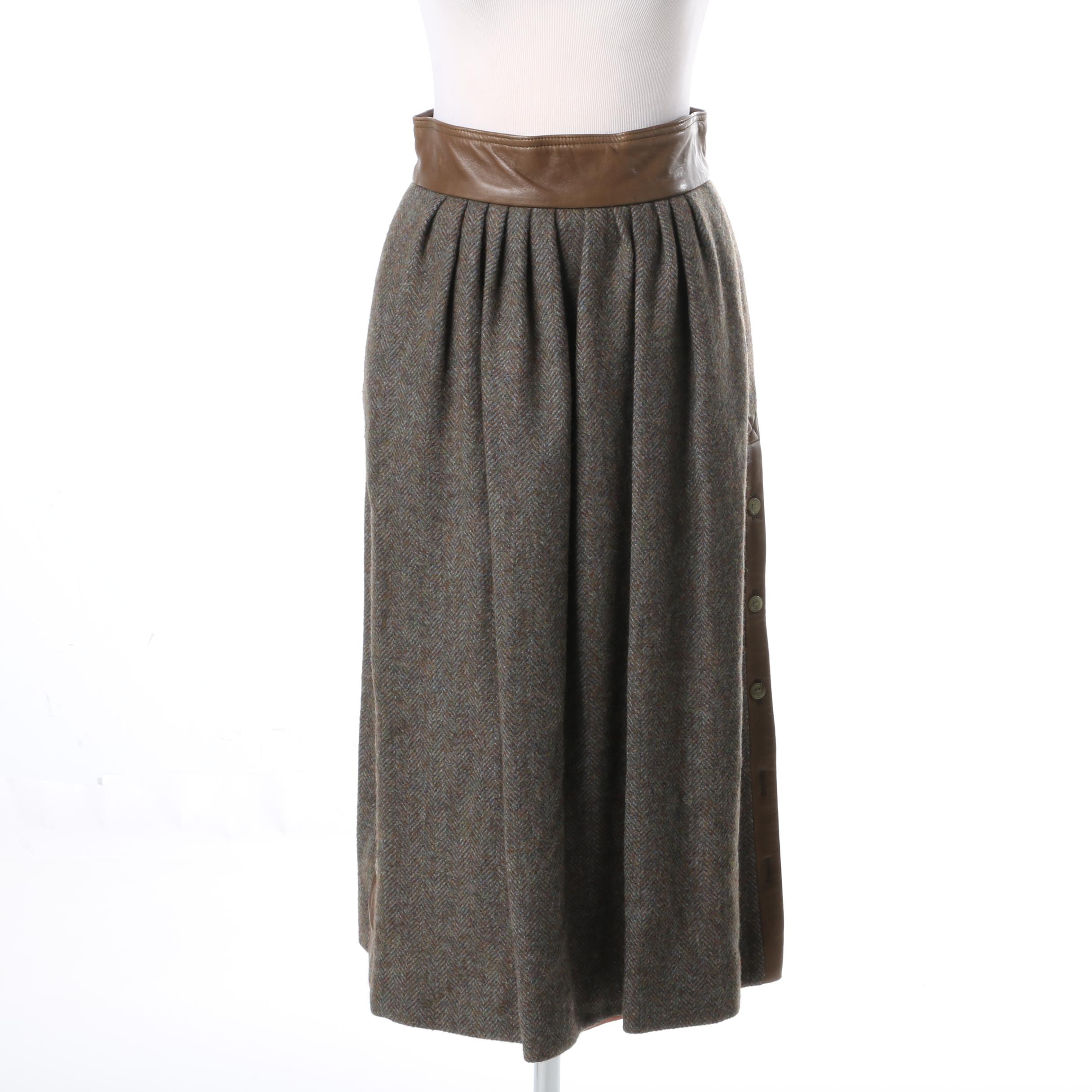 Vintage Paul Costelloe Wool Skirt with Leather Trim