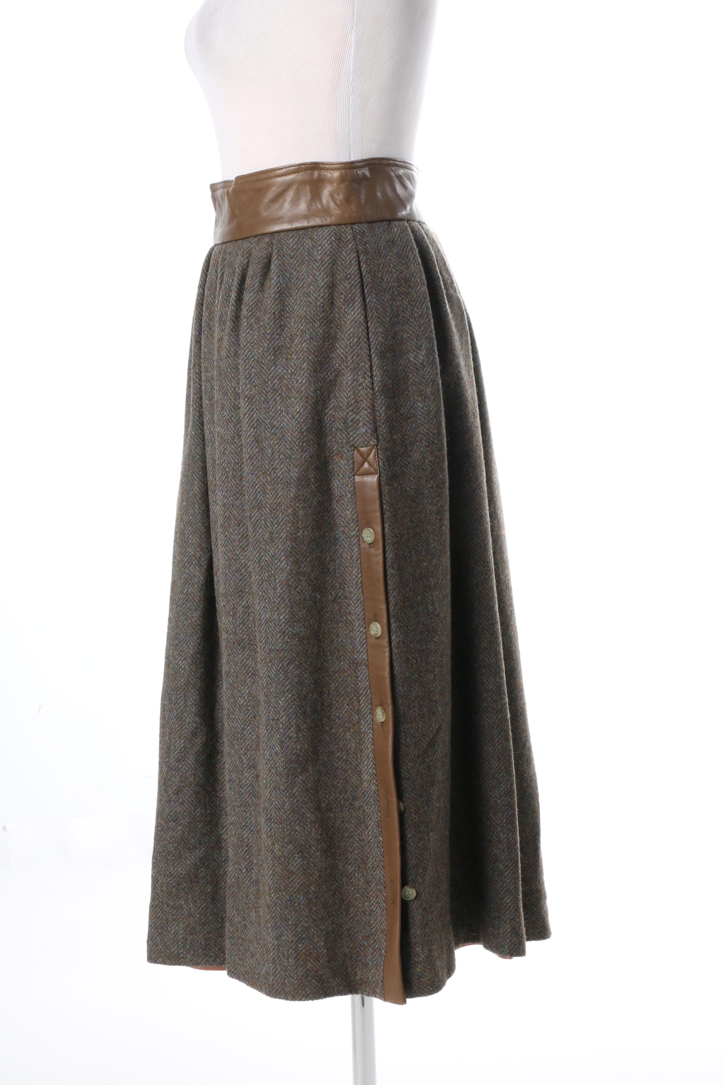 Vintage Paul Costelloe Wool Skirt with Leather Trim