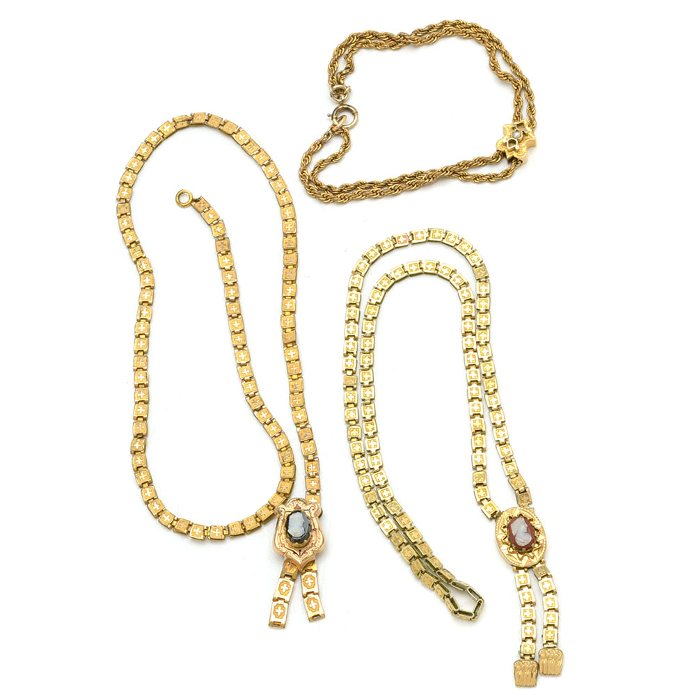 Victorian Gold Filled Book Chain Necklaces and Pearl Bracelet