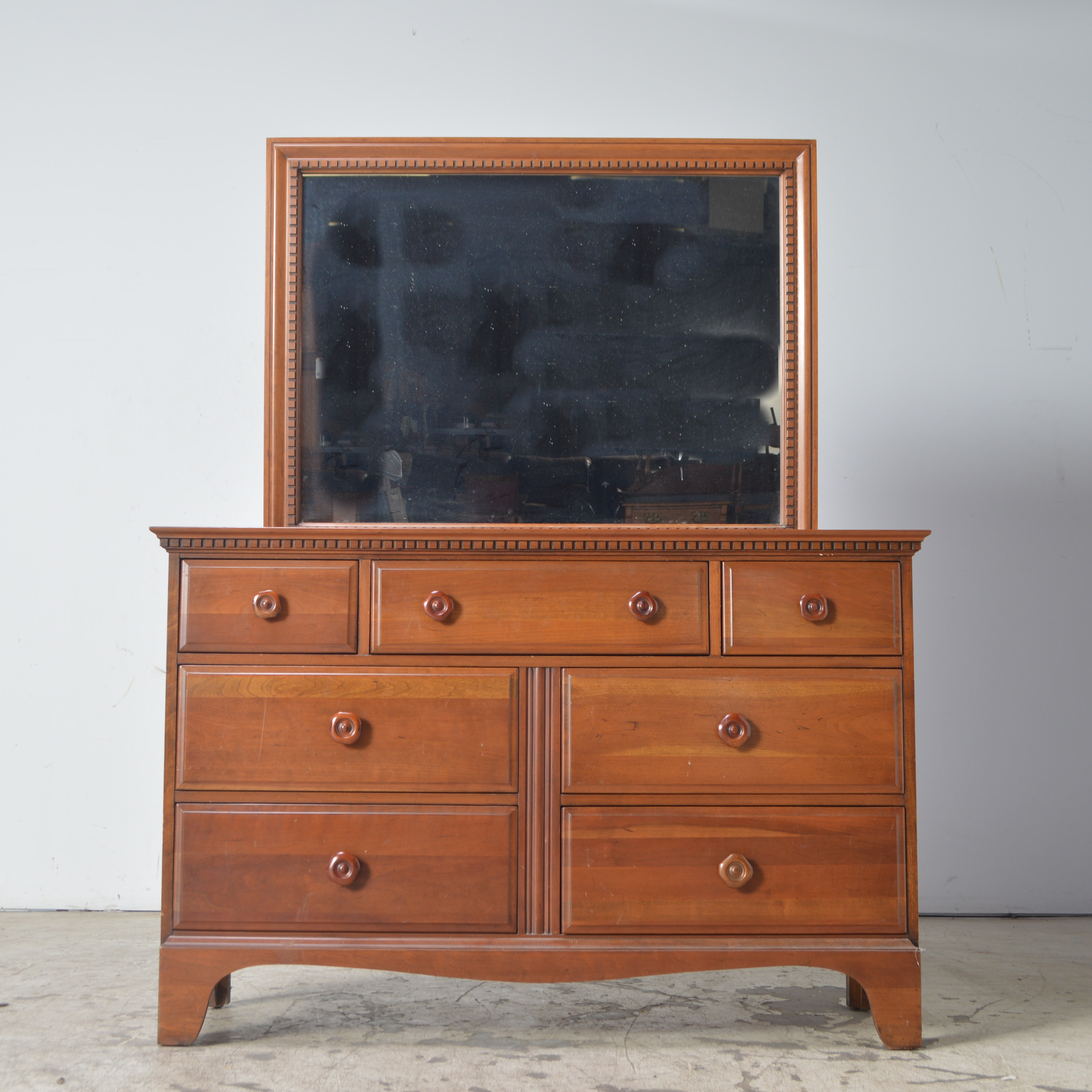 Solid Burnished Cherry Dresser and Mirror by Davis Cabinet Company of Tennessee Dated July, 1963