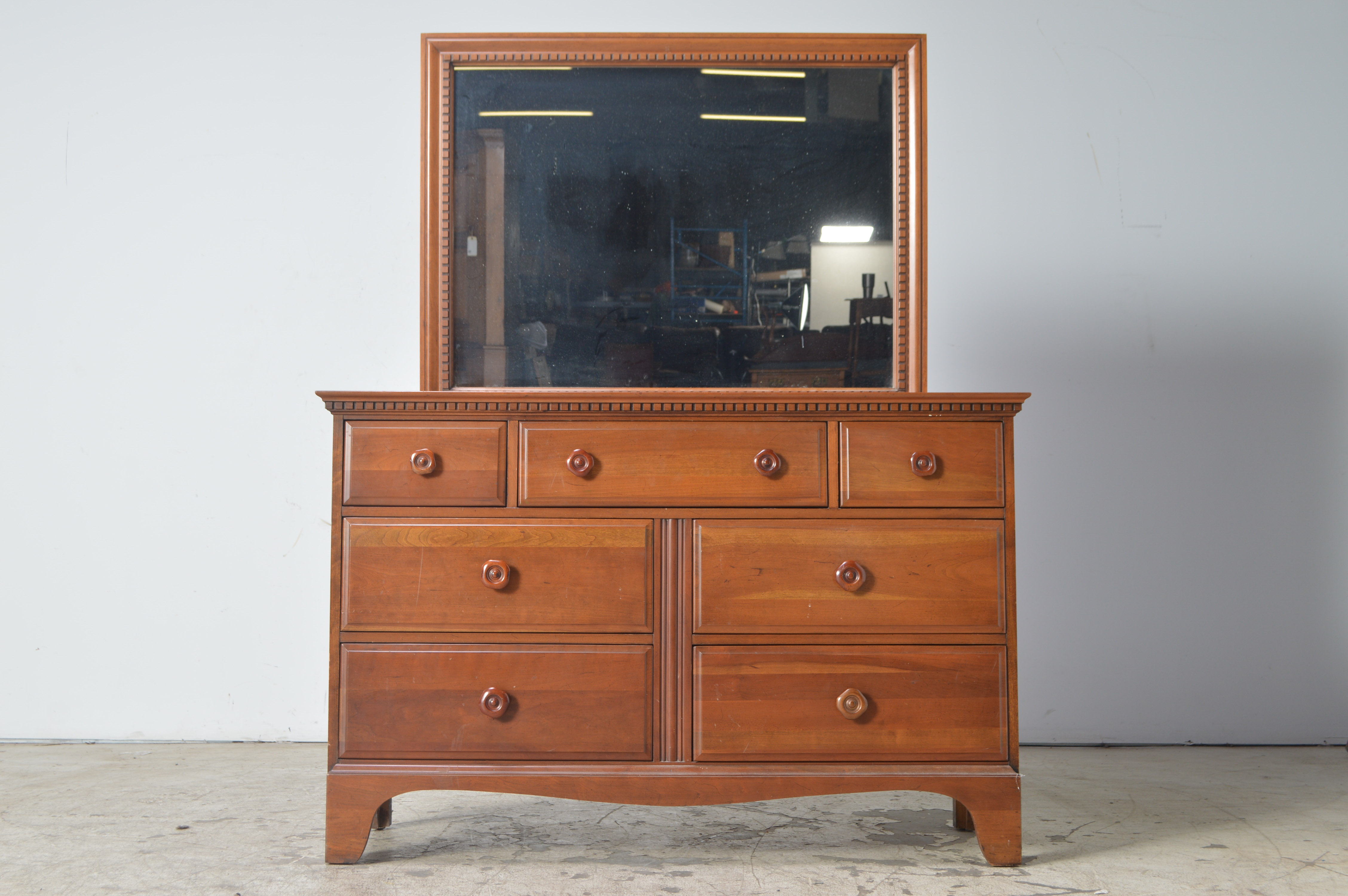 Solid Burnished Cherry Dresser and Mirror by Davis Cabinet Company of Tennessee Dated July, 1963
