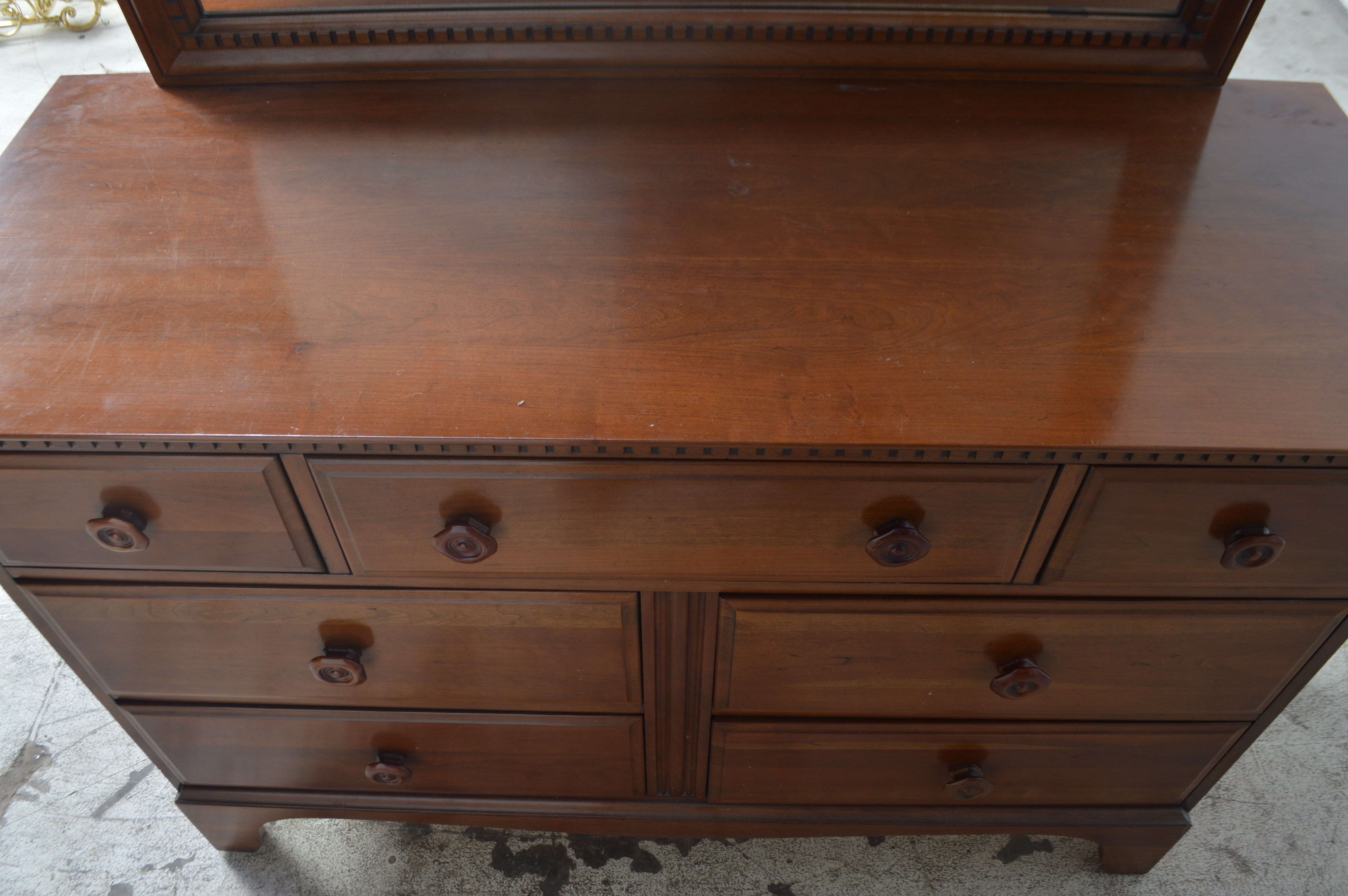 Solid Burnished Cherry Dresser and Mirror by Davis Cabinet Company of Tennessee Dated July, 1963