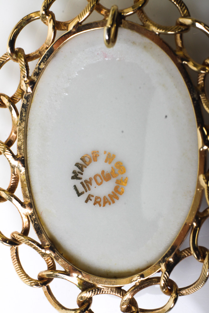 Vintage 14K Gold Pendant with a Limoges Porcelain Cabochon
