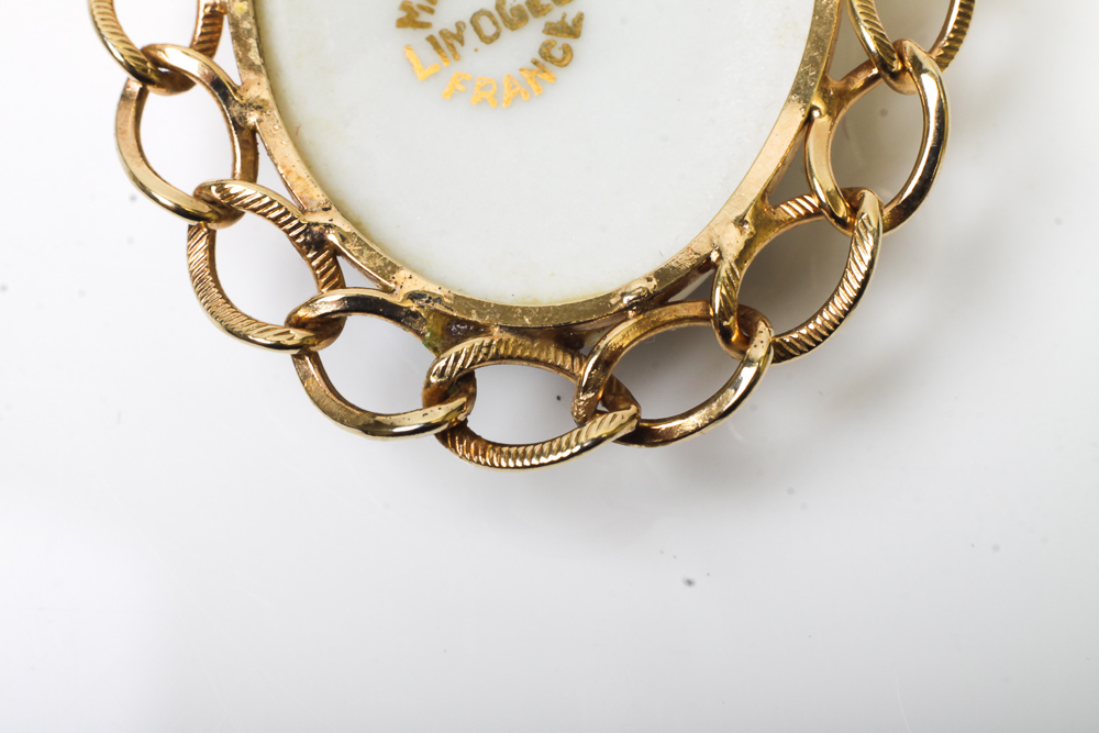 Vintage 14K Gold Pendant with a Limoges Porcelain Cabochon