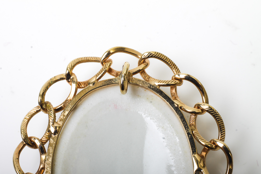 Vintage 14K Gold Pendant with a Limoges Porcelain Cabochon