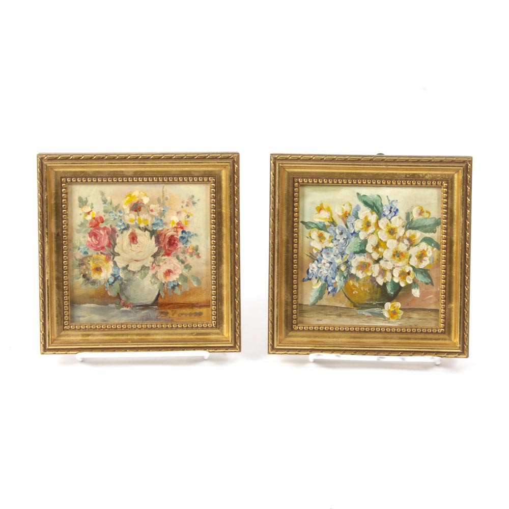 Vintage Floral Paintings in Giltwood Frames