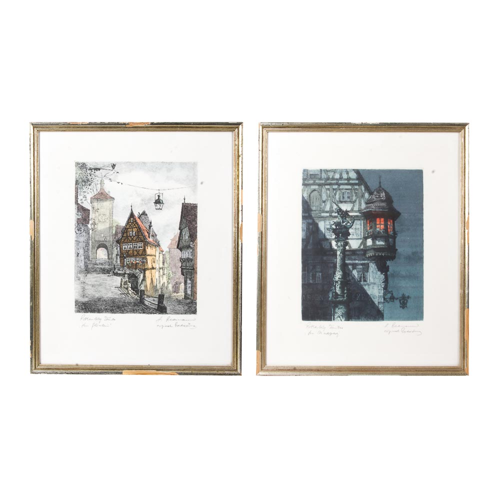 Pair of Horst Rosemann Original Hand-Colored Etchings