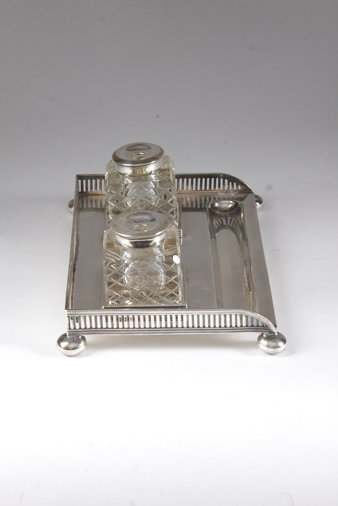 Pair of Glass Inkwells with Silver Plated Tray