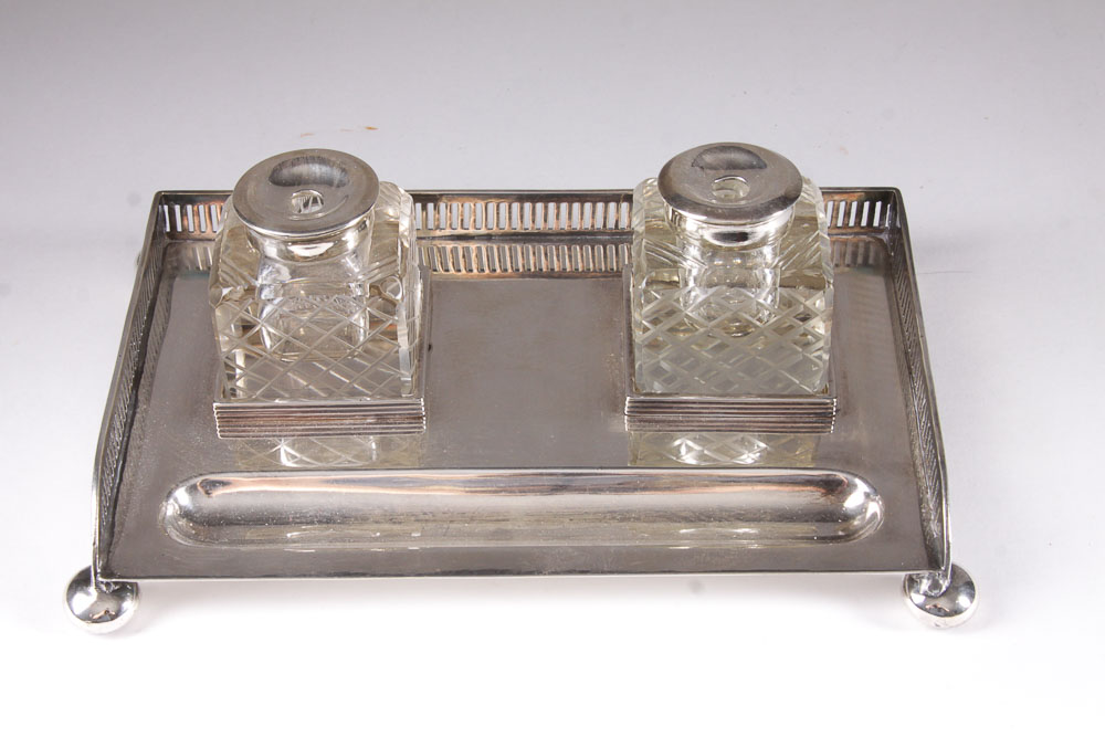 Pair of Glass Inkwells with Silver Plated Tray