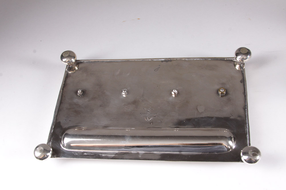 Pair of Glass Inkwells with Silver Plated Tray