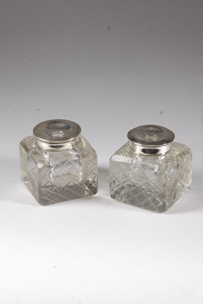 Pair of Glass Inkwells with Silver Plated Tray