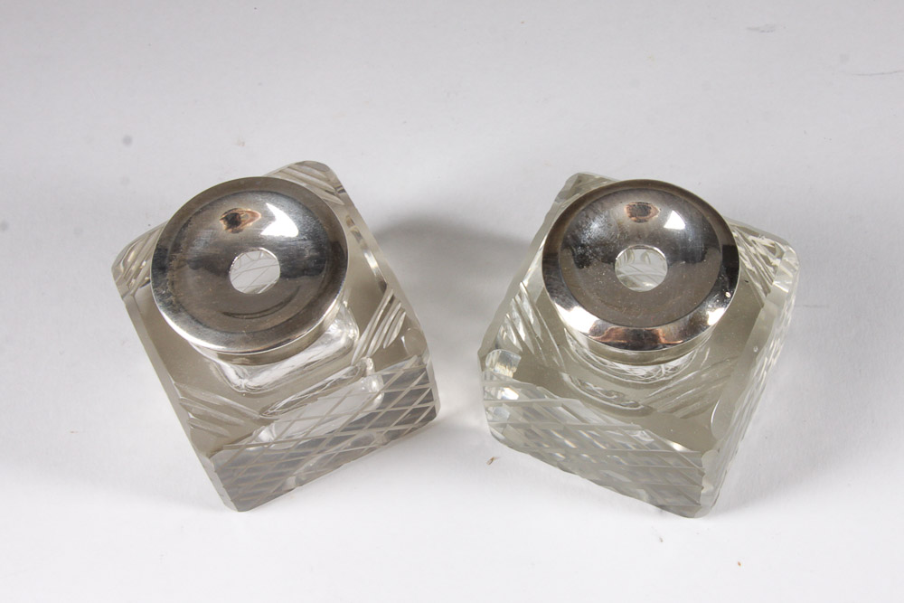 Pair of Glass Inkwells with Silver Plated Tray