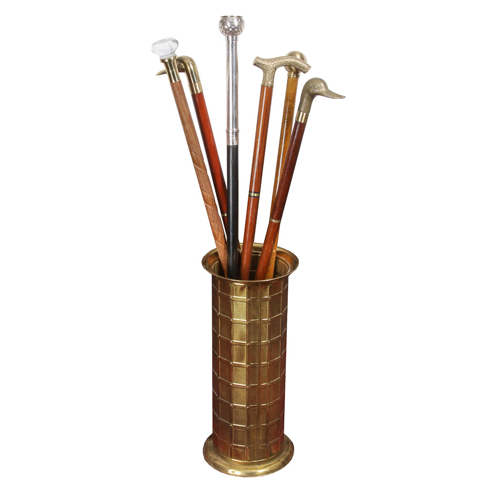 Walking Cane Assortment in Gold-Toned Umbrella Stand
