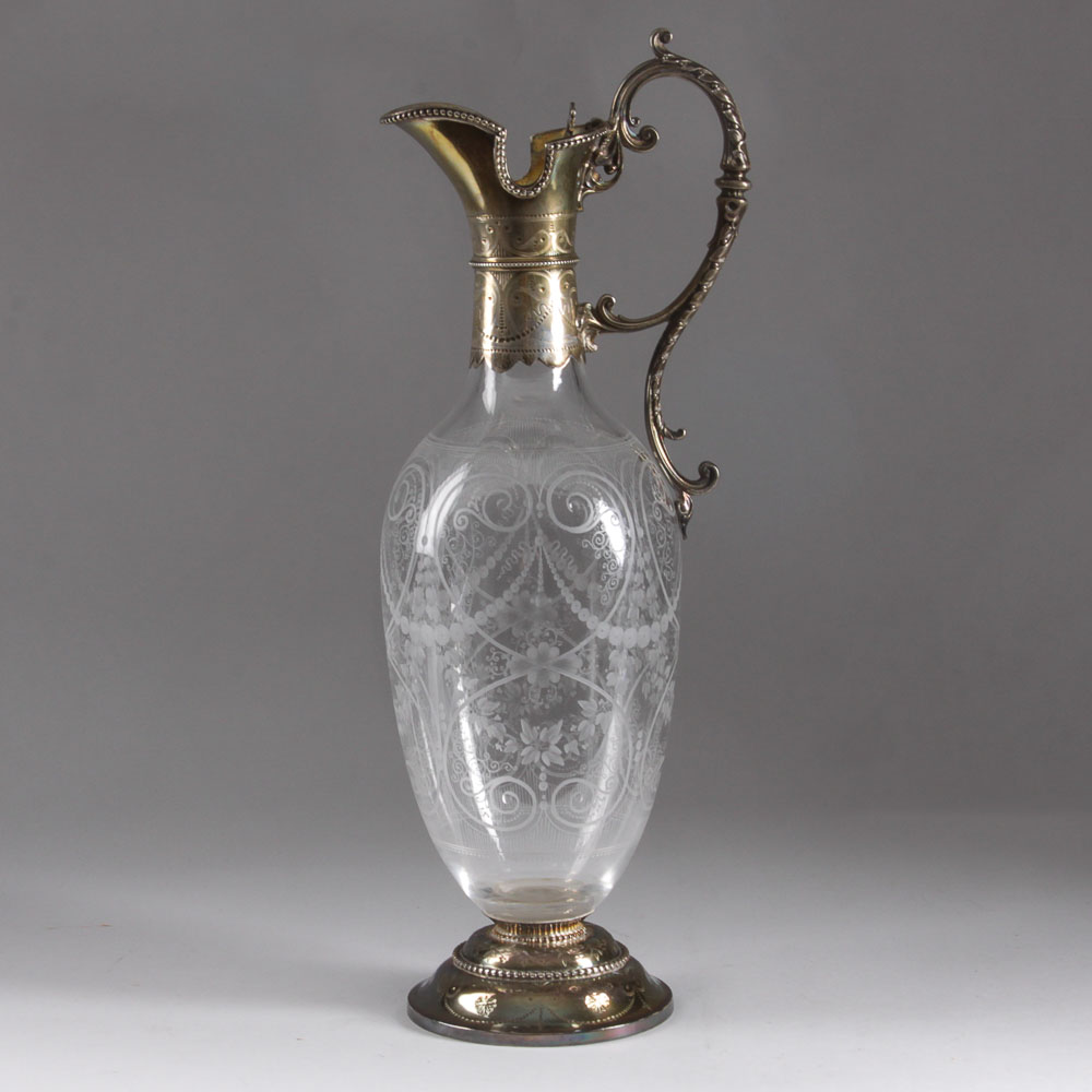 Antique Victorian Sterling Silver and Etched Glass Claret Jug