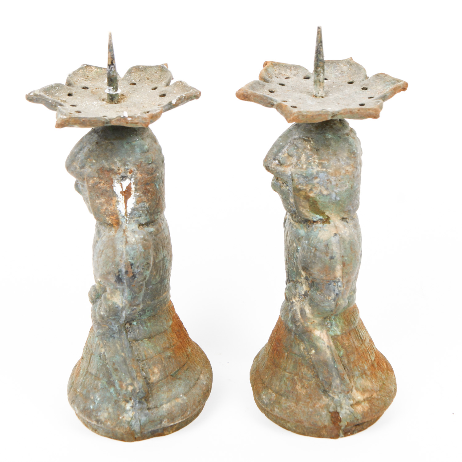 Pair of Vintage Metal Candlesticks With Warrior Motifs