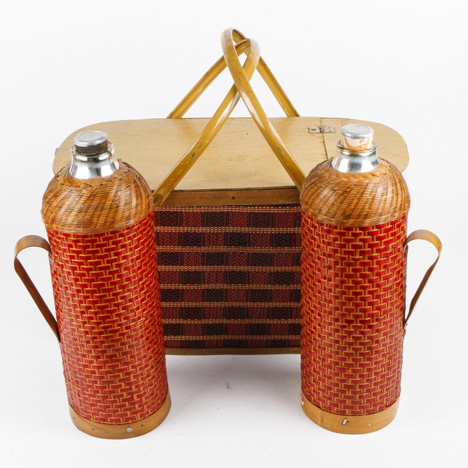 Vintage Wicker Picnic Basket With Canteens