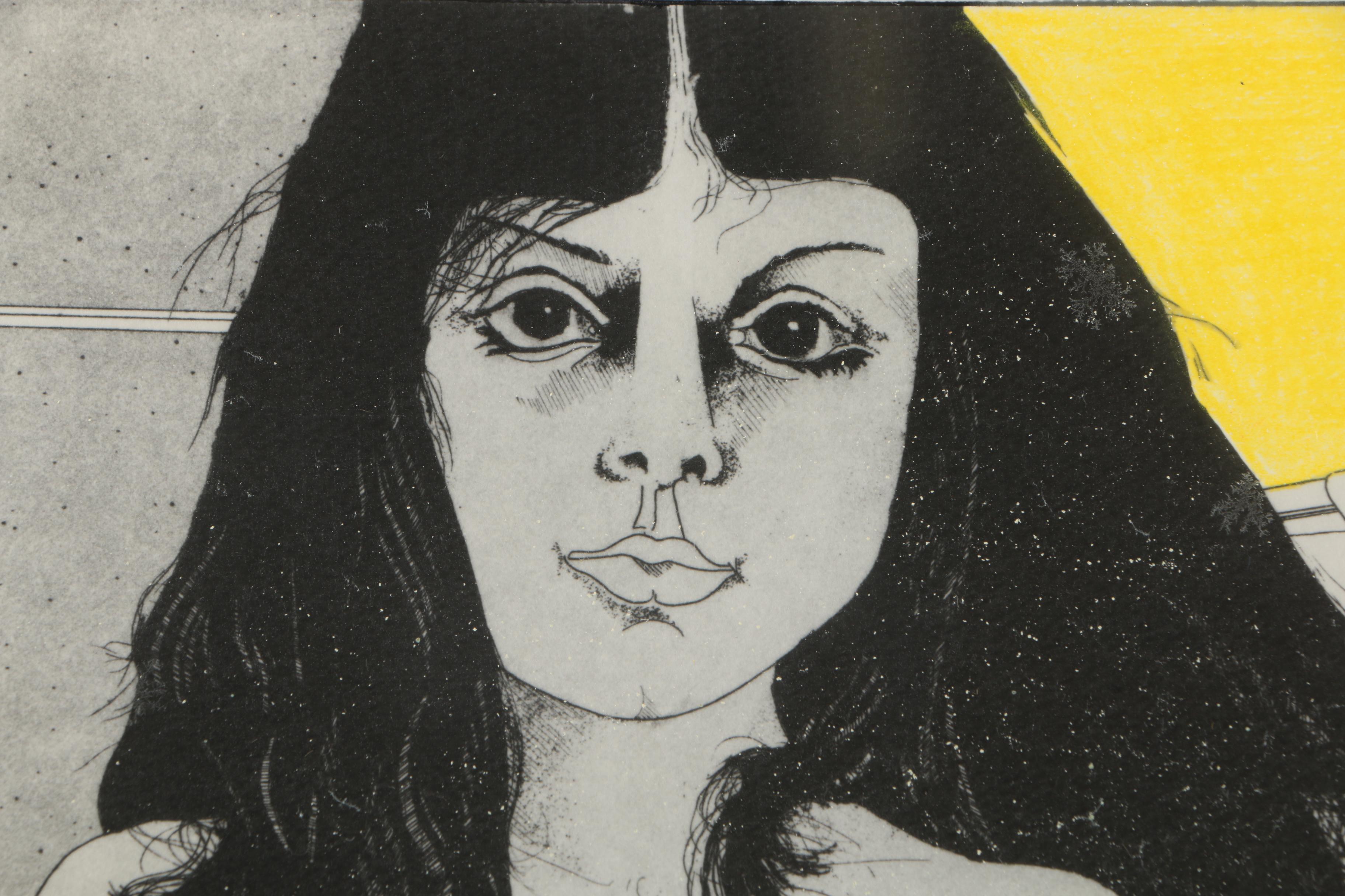 Hand-Colored Print of Female Nude Standing by a Staircase