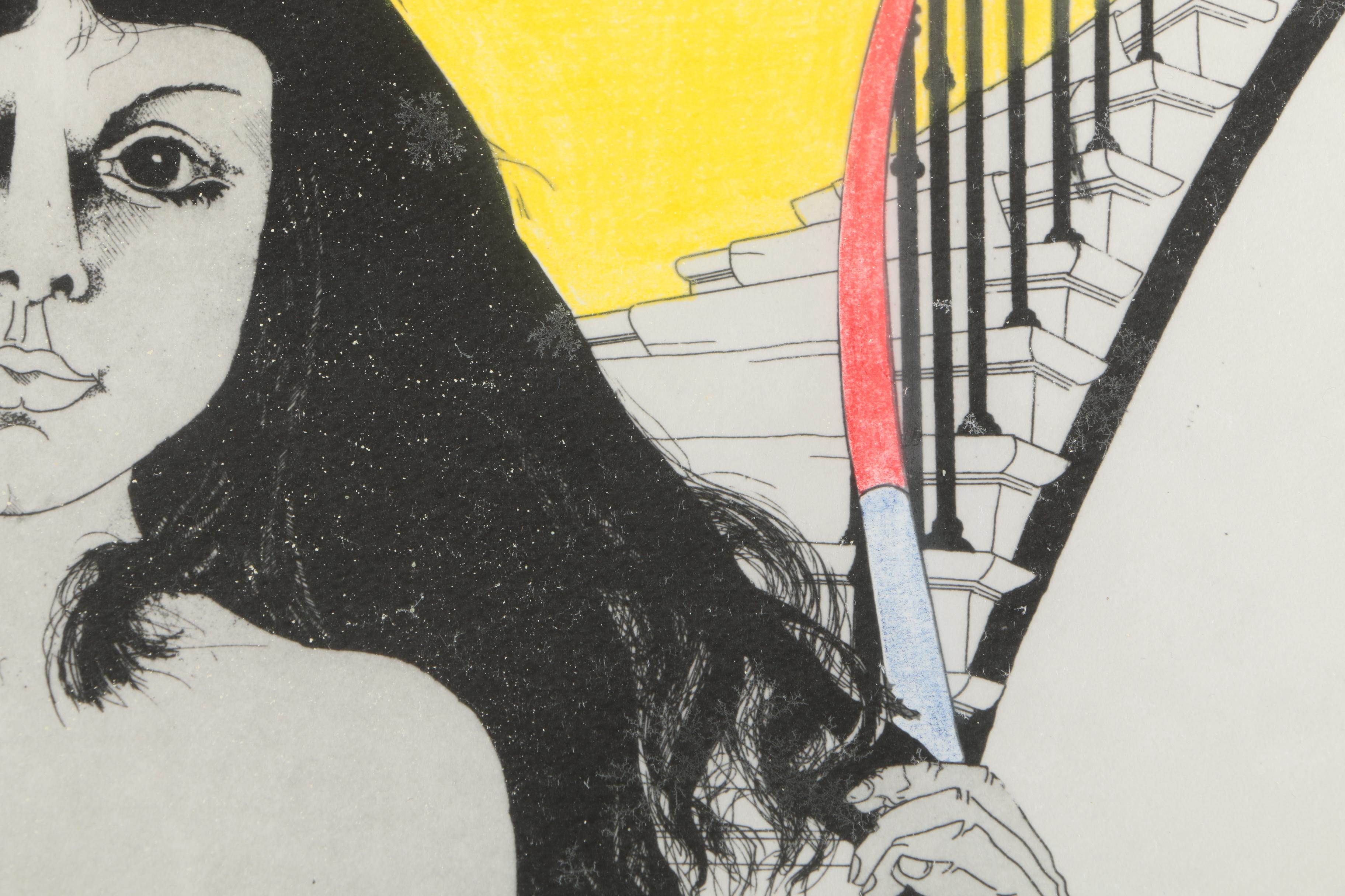 Hand-Colored Print of Female Nude Standing by a Staircase