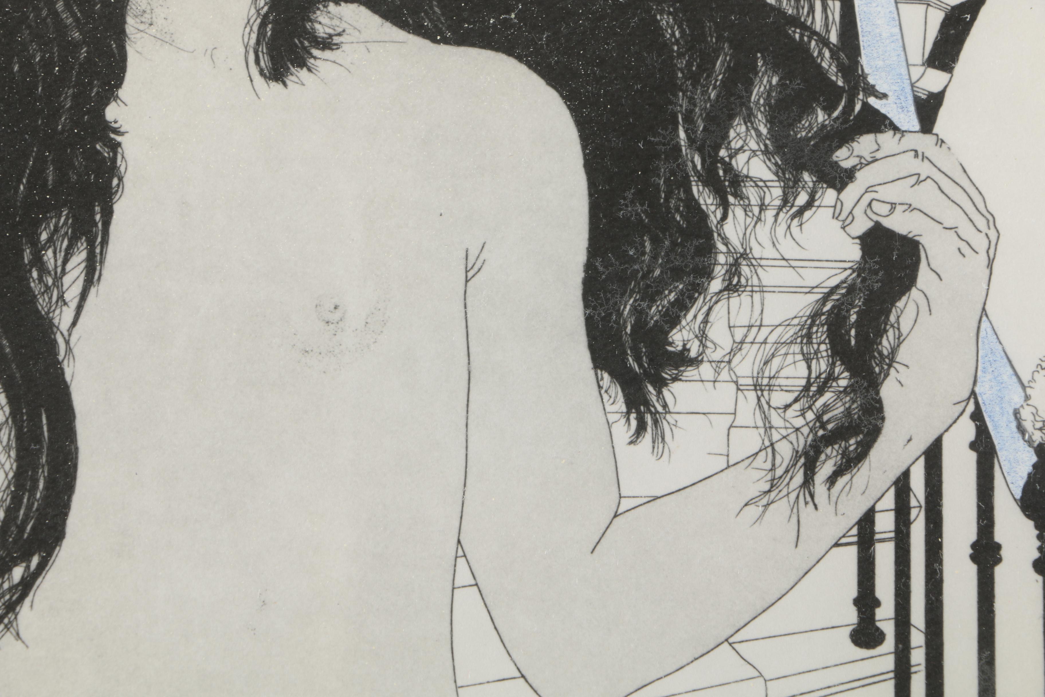 Hand-Colored Print of Female Nude Standing by a Staircase