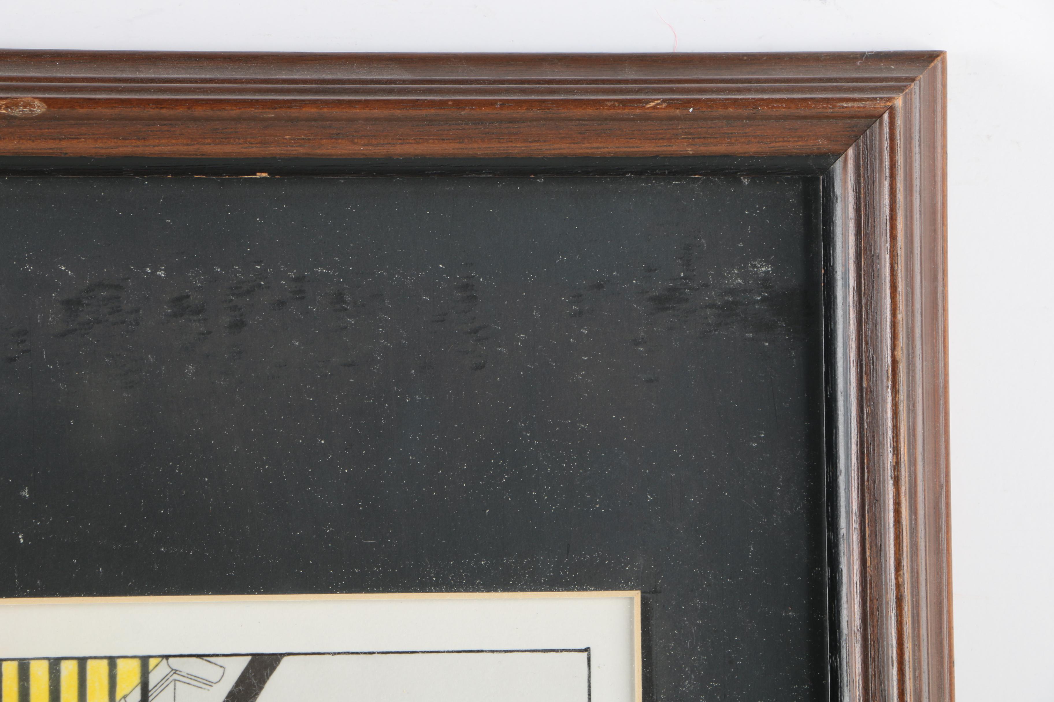 Hand-Colored Print of Female Nude Standing by a Staircase