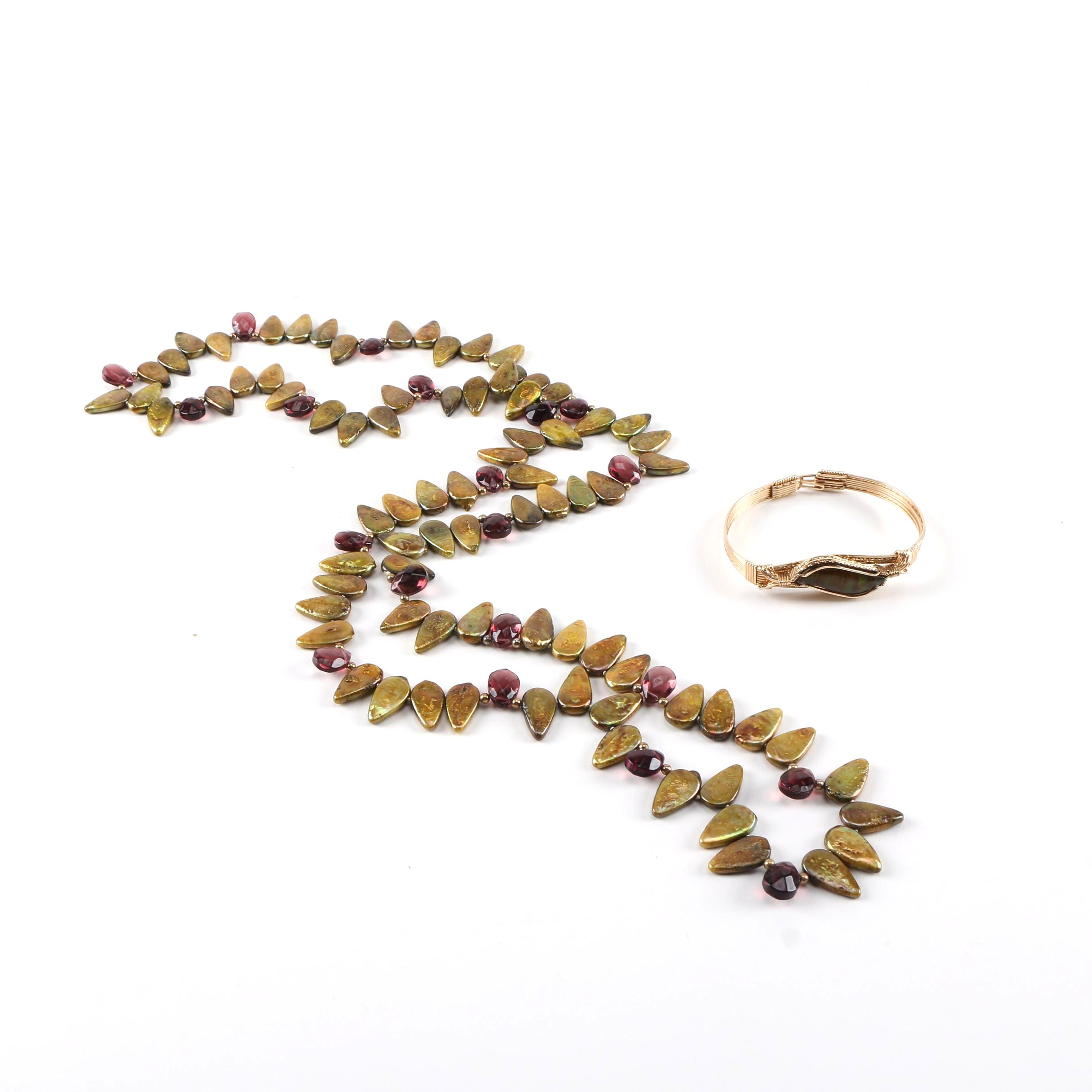 Beaded Necklace and Gold Tone Bracelet With Ammolite