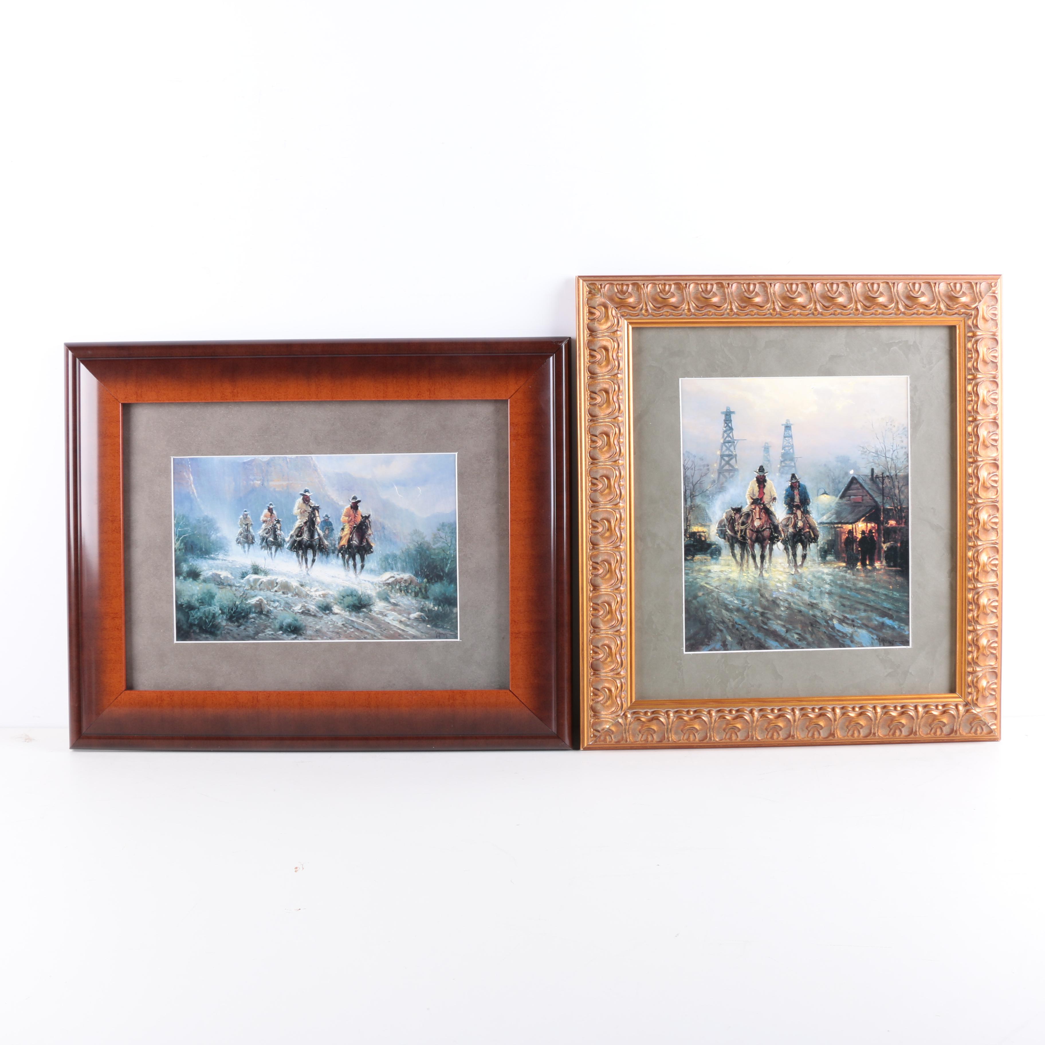 Offset Lithographs After G. Harvey Cowboy Paintings "Takin' A Soakin'" and "Lights of a New Era"