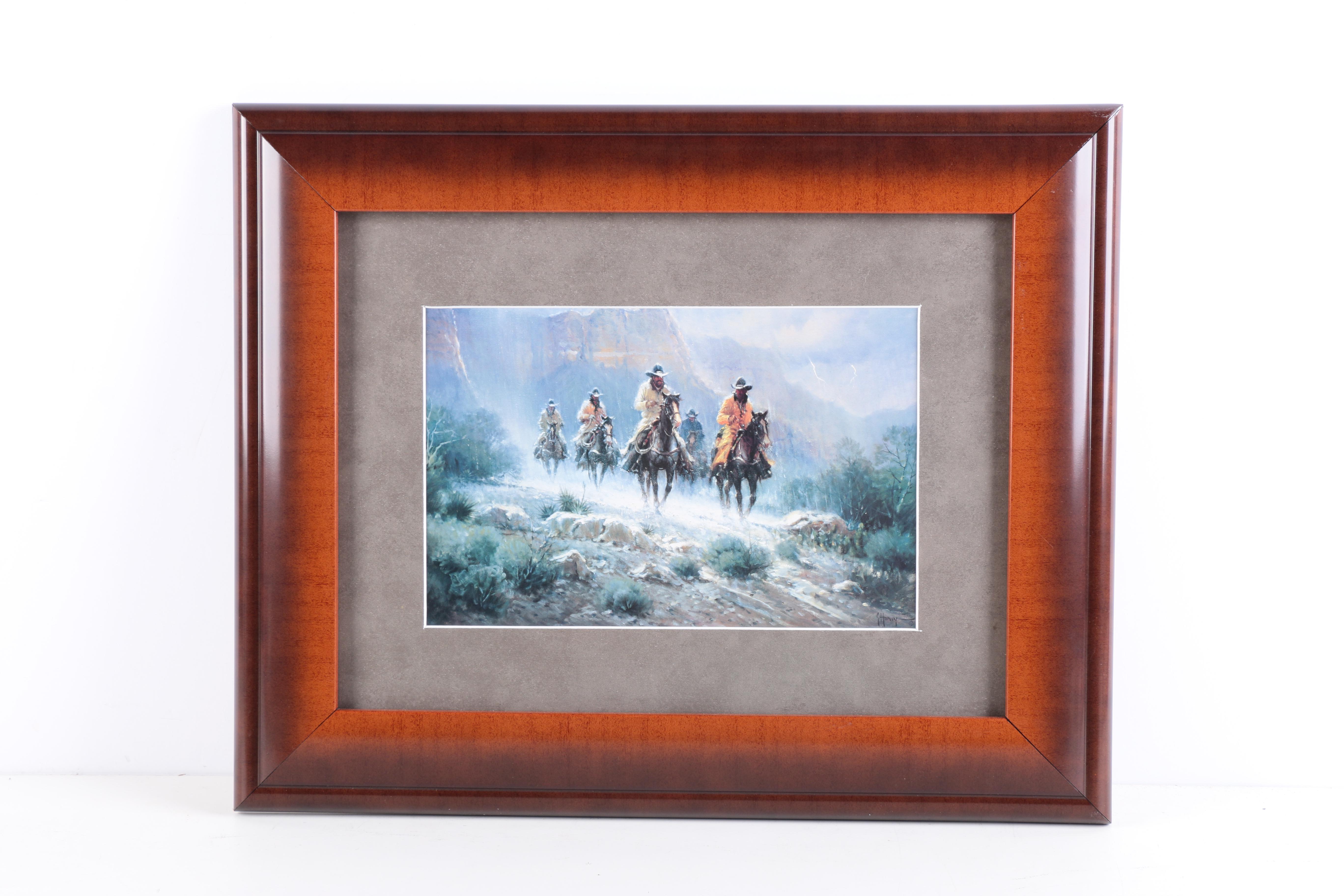 Offset Lithographs After G. Harvey Cowboy Paintings "Takin' A Soakin'" and "Lights of a New Era"