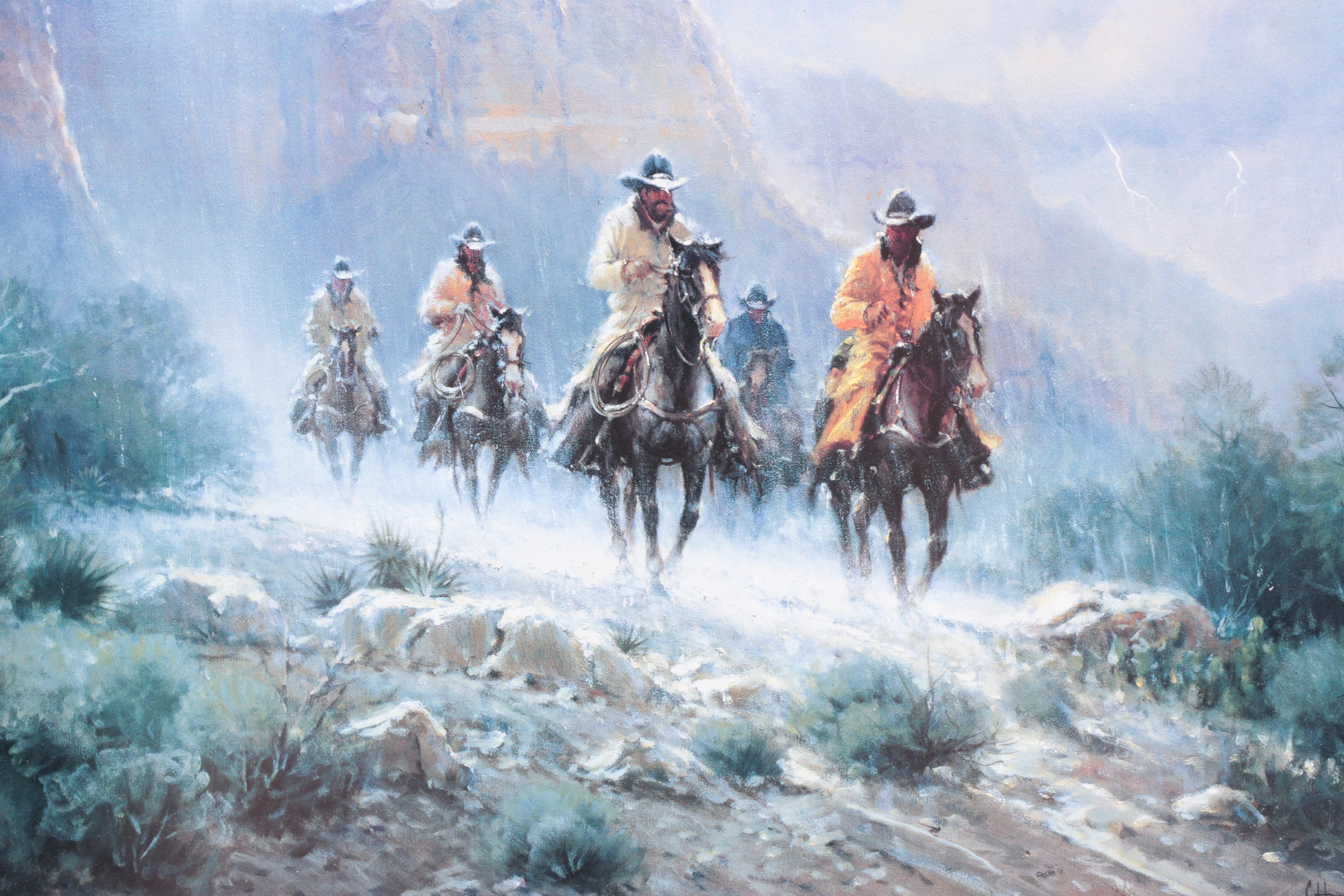 Offset Lithographs After G. Harvey Cowboy Paintings "Takin' A Soakin'" and "Lights of a New Era"