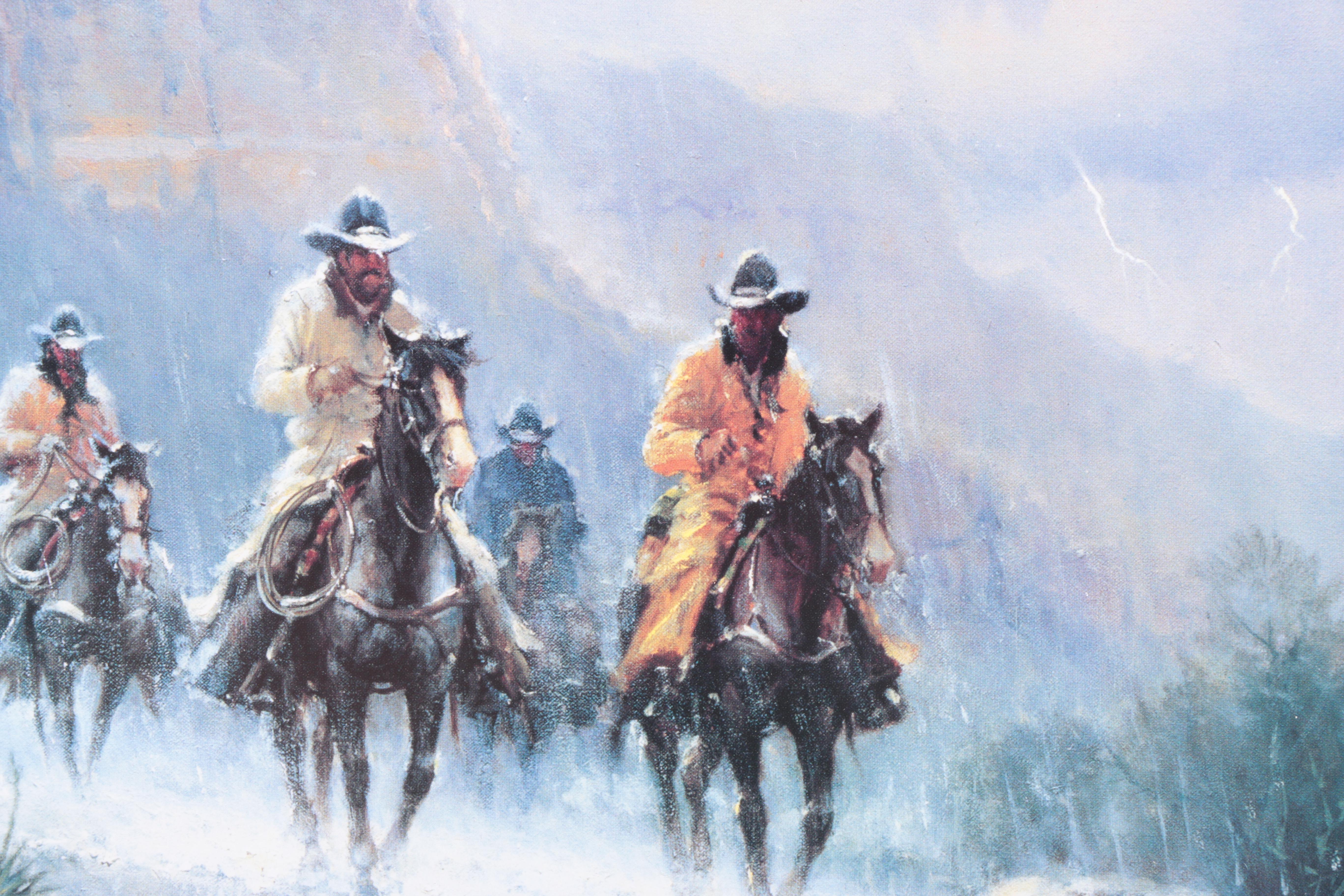 Offset Lithographs After G. Harvey Cowboy Paintings "Takin' A Soakin'" and "Lights of a New Era"