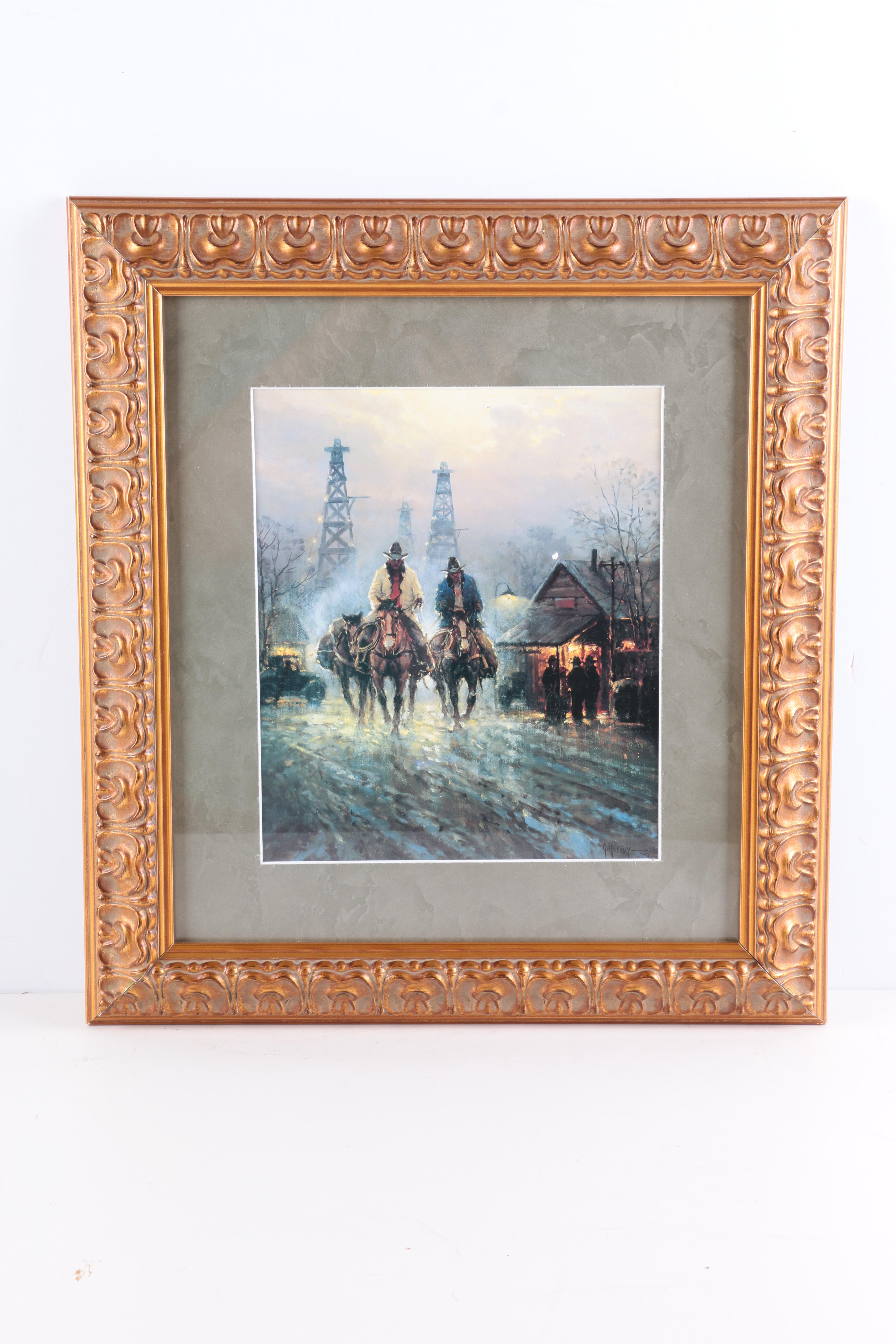 Offset Lithographs After G. Harvey Cowboy Paintings "Takin' A Soakin'" and "Lights of a New Era"