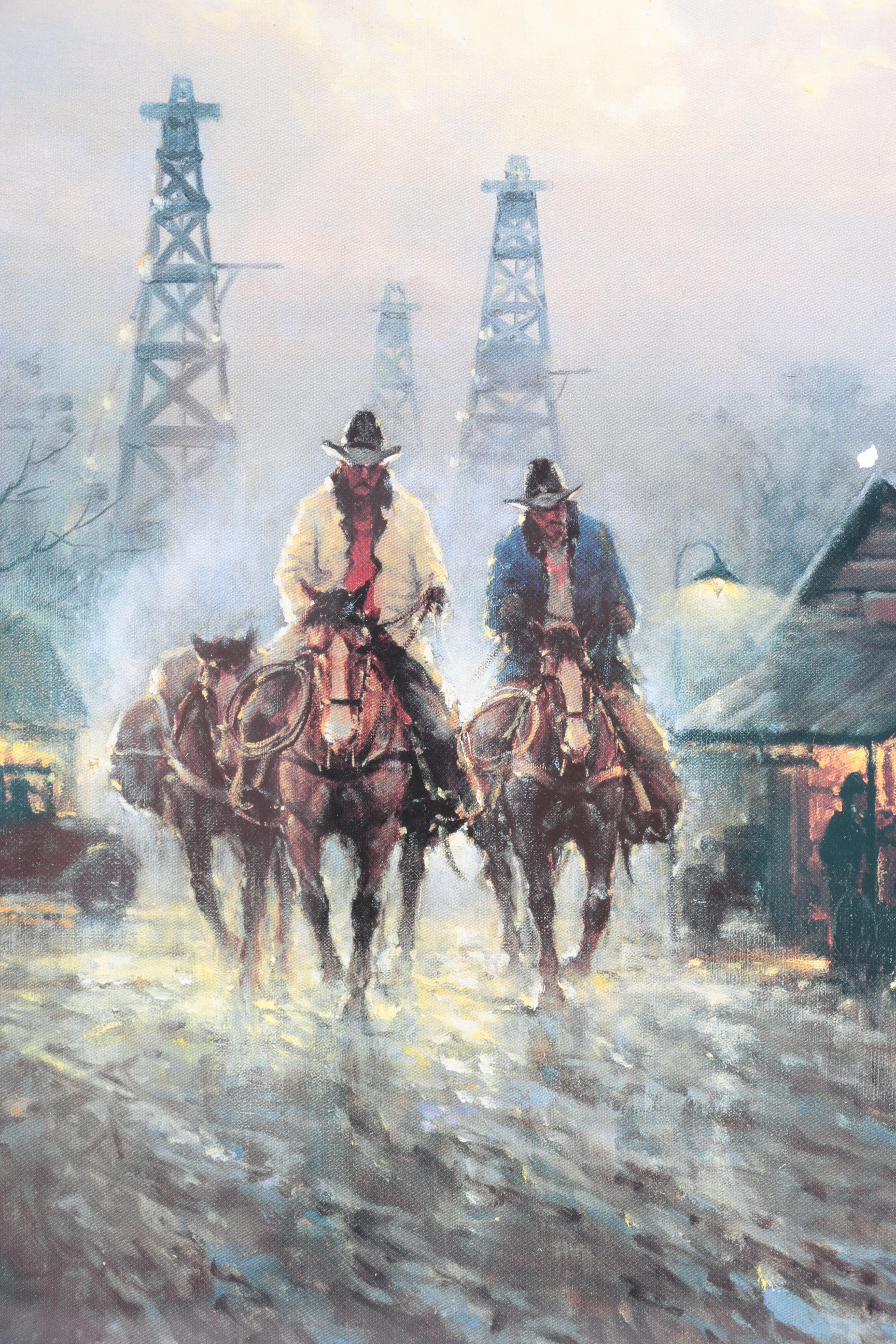 Offset Lithographs After G. Harvey Cowboy Paintings "Takin' A Soakin'" and "Lights of a New Era"