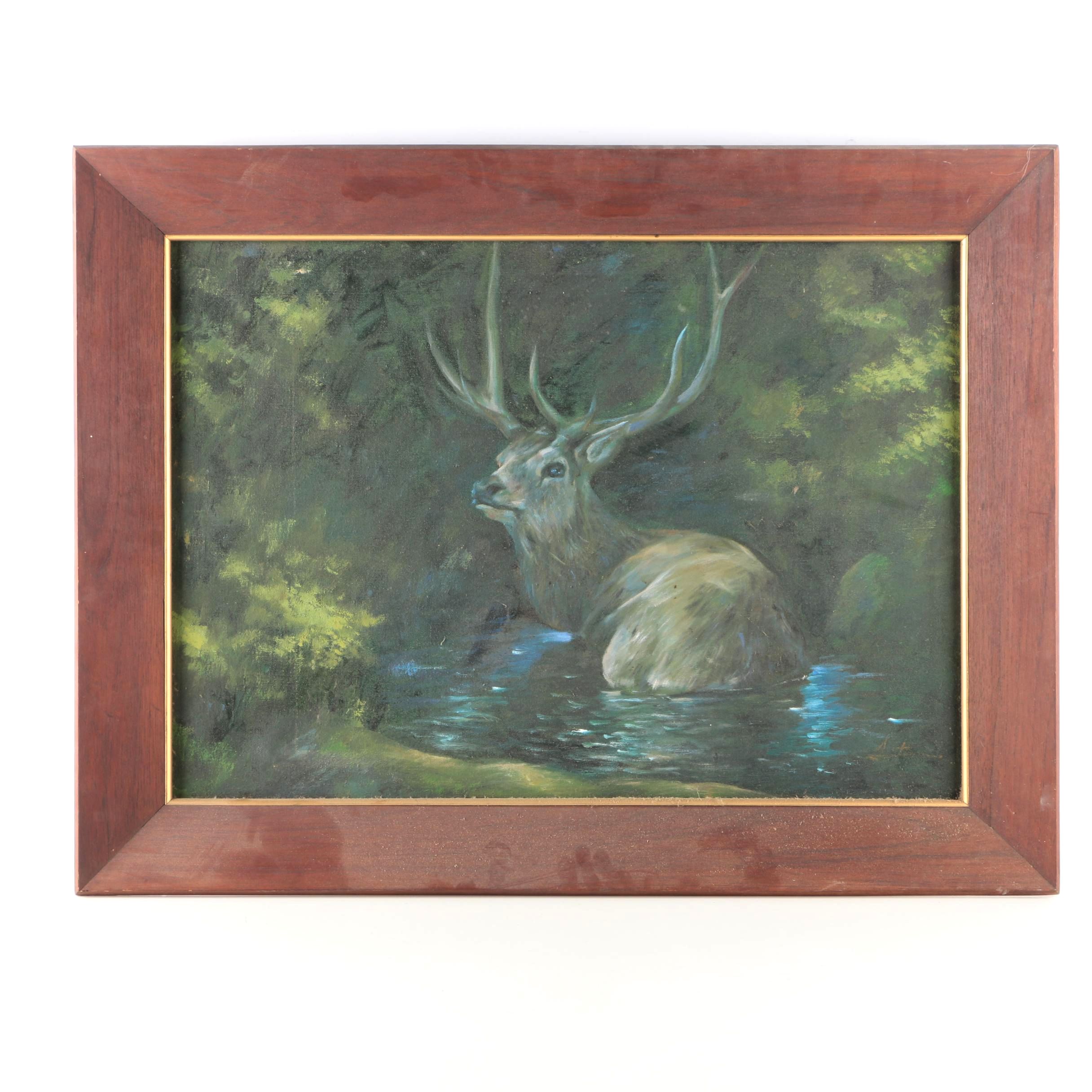 Oil Painting on Canvas of a Bathing Elk