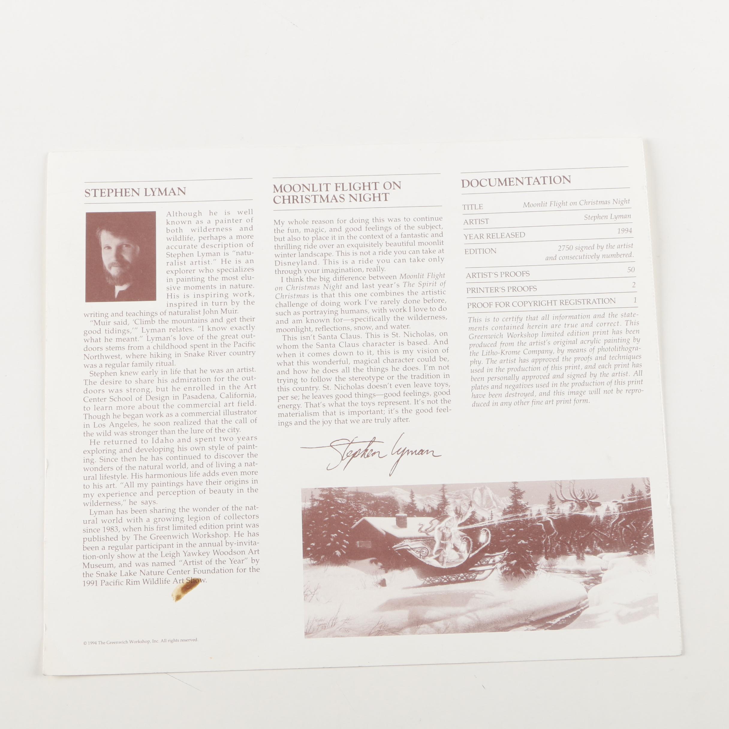 Stephen Lyman Limited Edition Offset Lithograph "Moonlit Flight on Christmas Night"