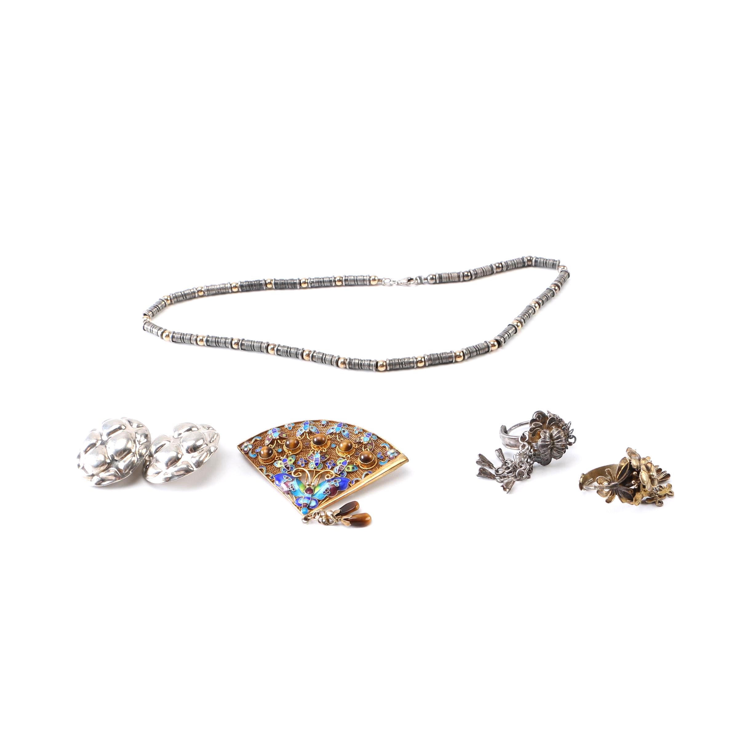 Vintage Sterling Jewelry Including Fan Brooch With Tigers Eye