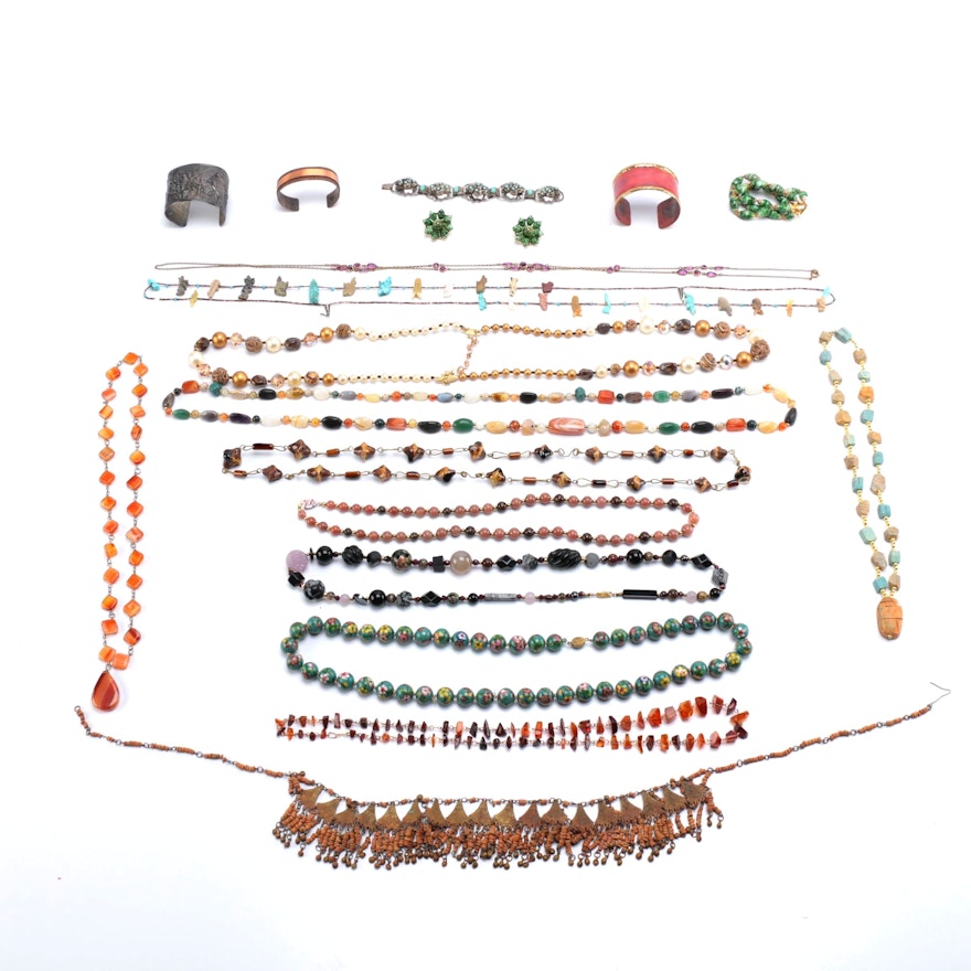 Assortment of Stone Jewelry Including Cloisonné Beaded Necklaces