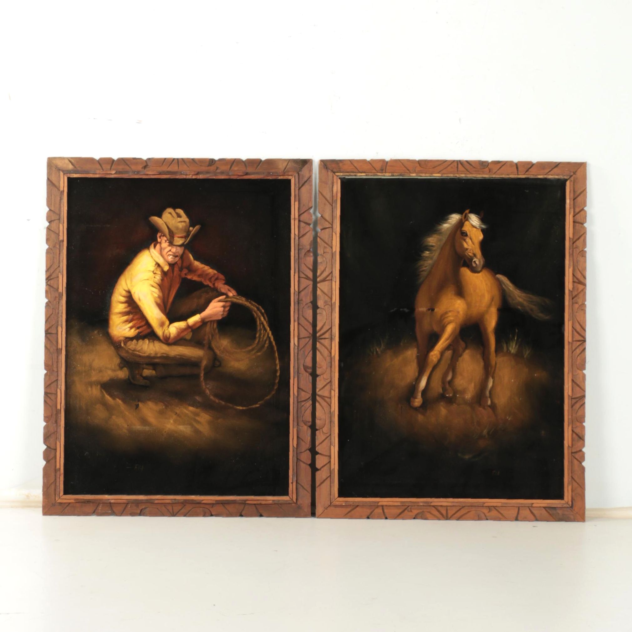 Acrylic Paintings on Black Velvet of Cowboy and Horse