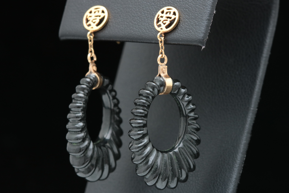 14K Gold and Black Jade Dangle Hoop Earrings