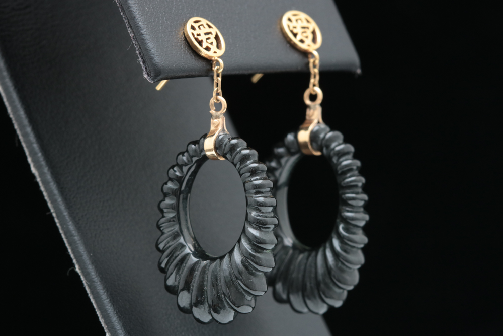 14K Gold and Black Jade Dangle Hoop Earrings