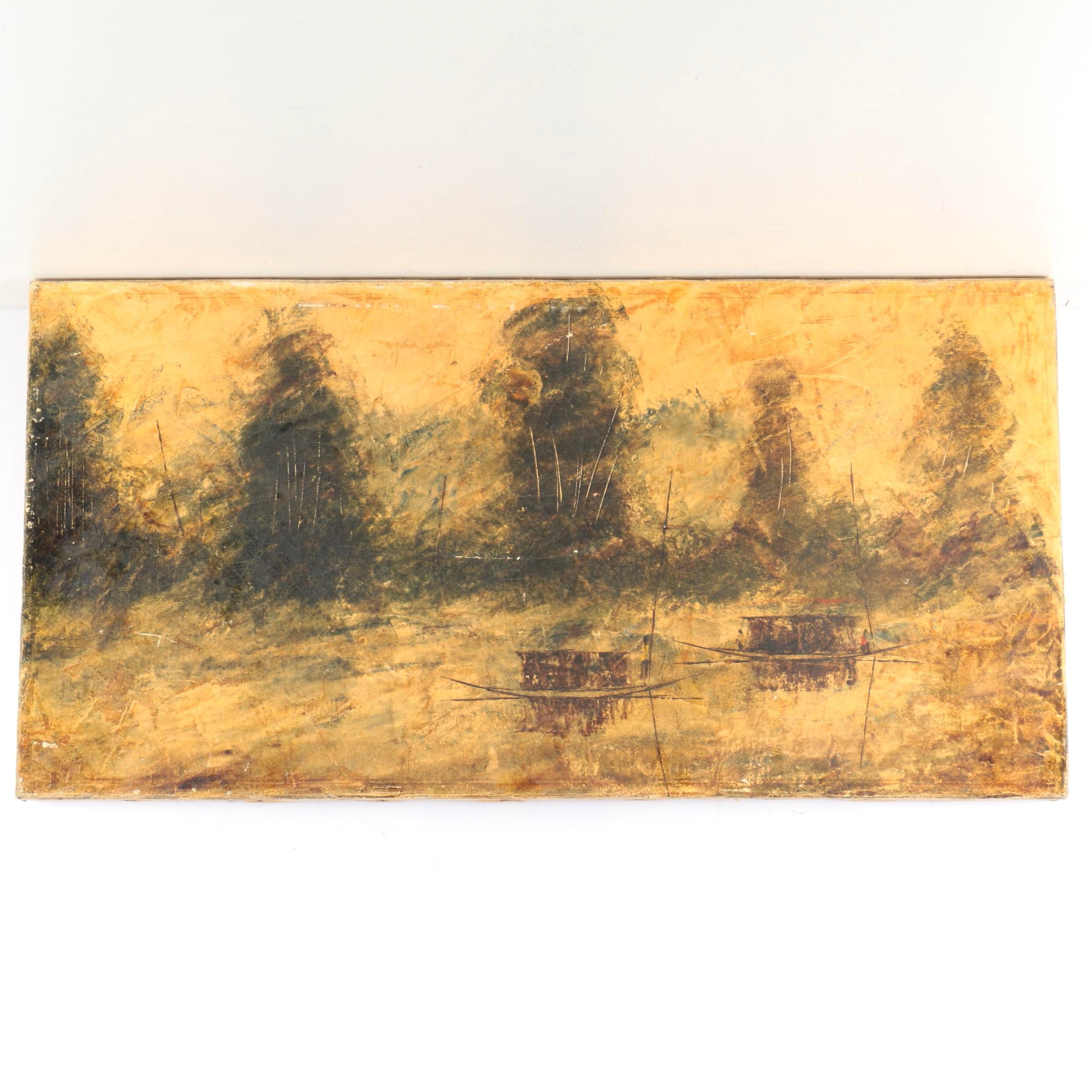 Abstract Oil Painting on Canvas of Boats on River