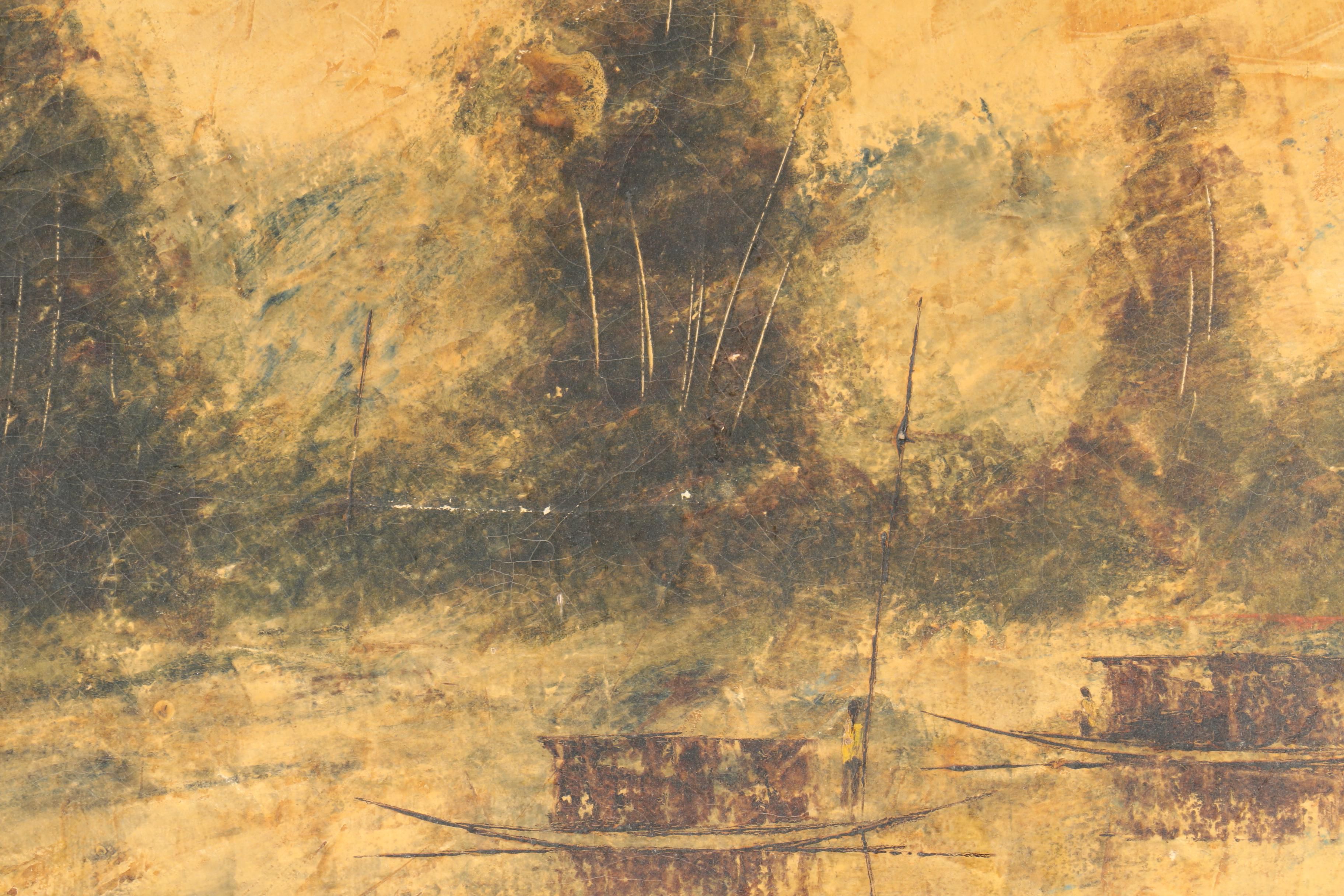 Abstract Oil Painting on Canvas of Boats on River