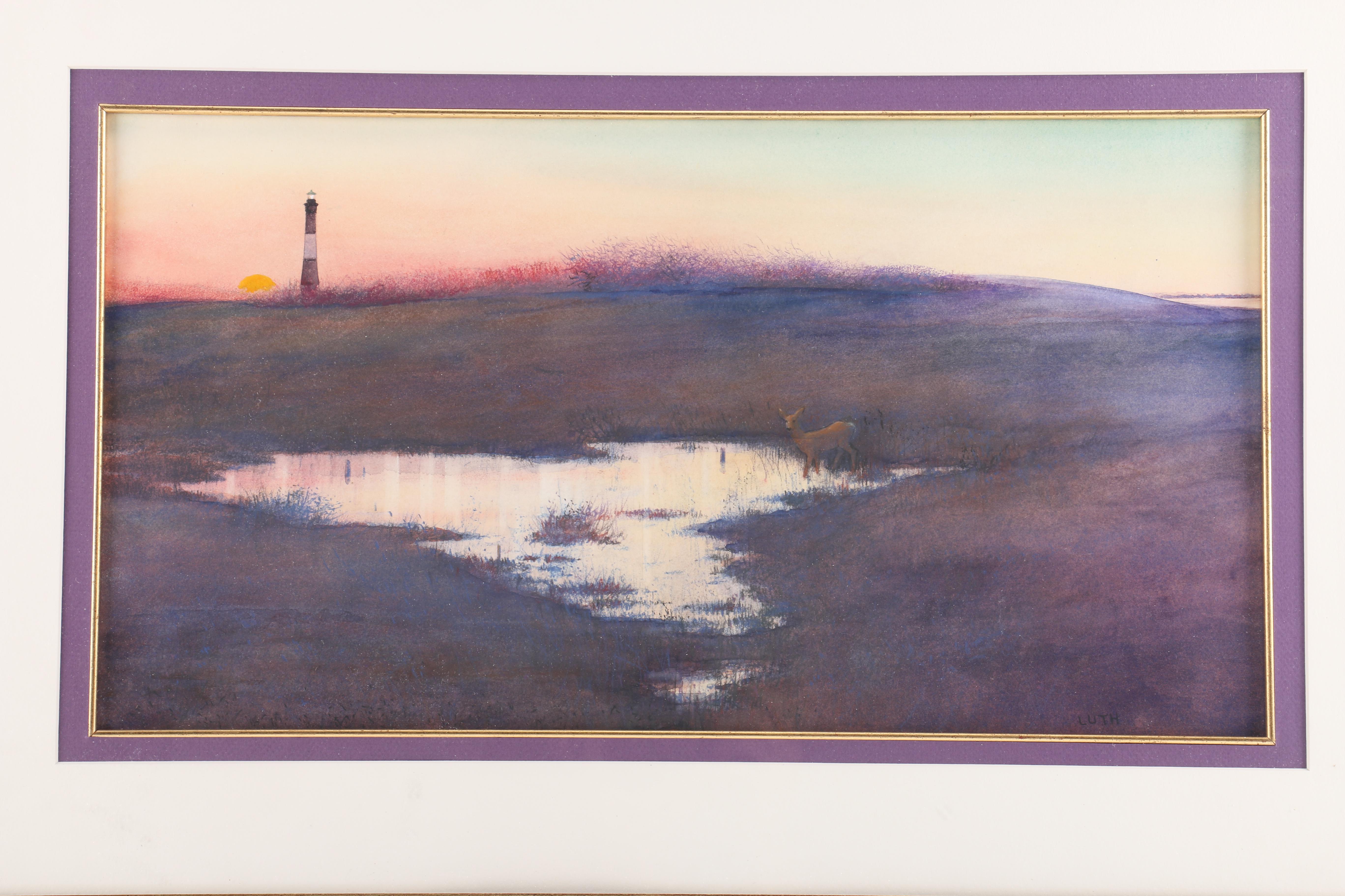 Luth Watercolor Landscape of Twilight Setting With Lighthouse and Deer