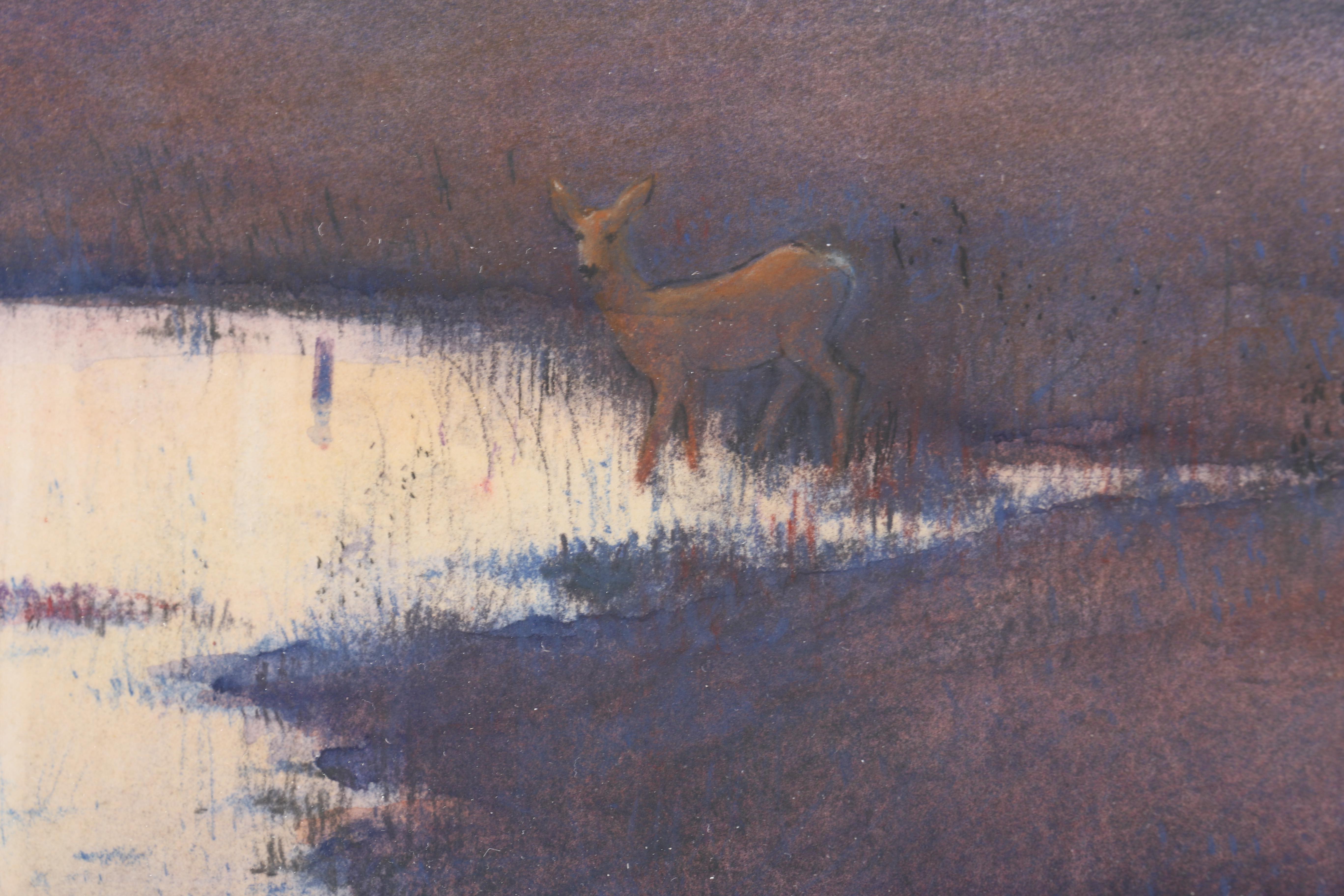 Luth Watercolor Landscape of Twilight Setting With Lighthouse and Deer