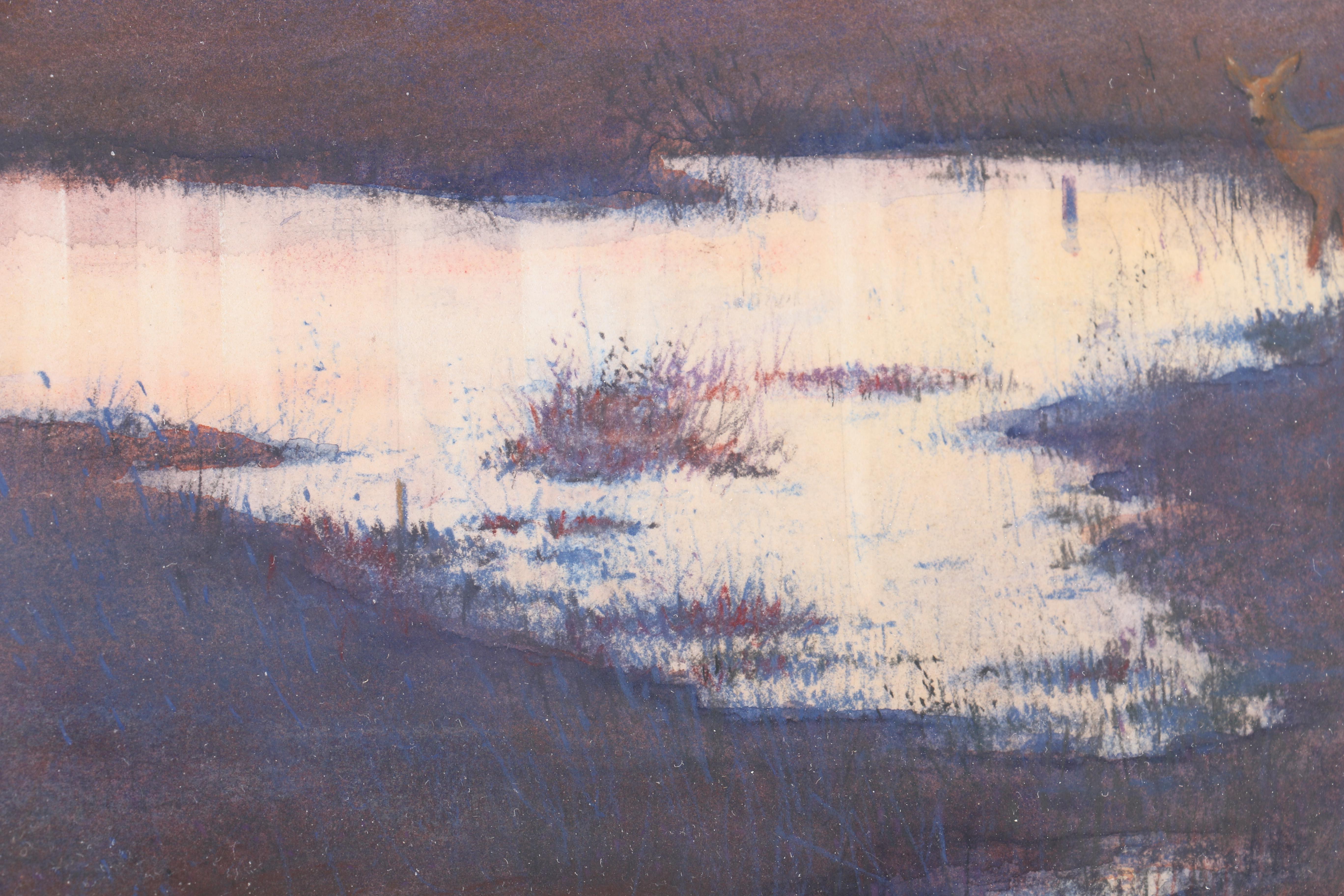 Luth Watercolor Landscape of Twilight Setting With Lighthouse and Deer