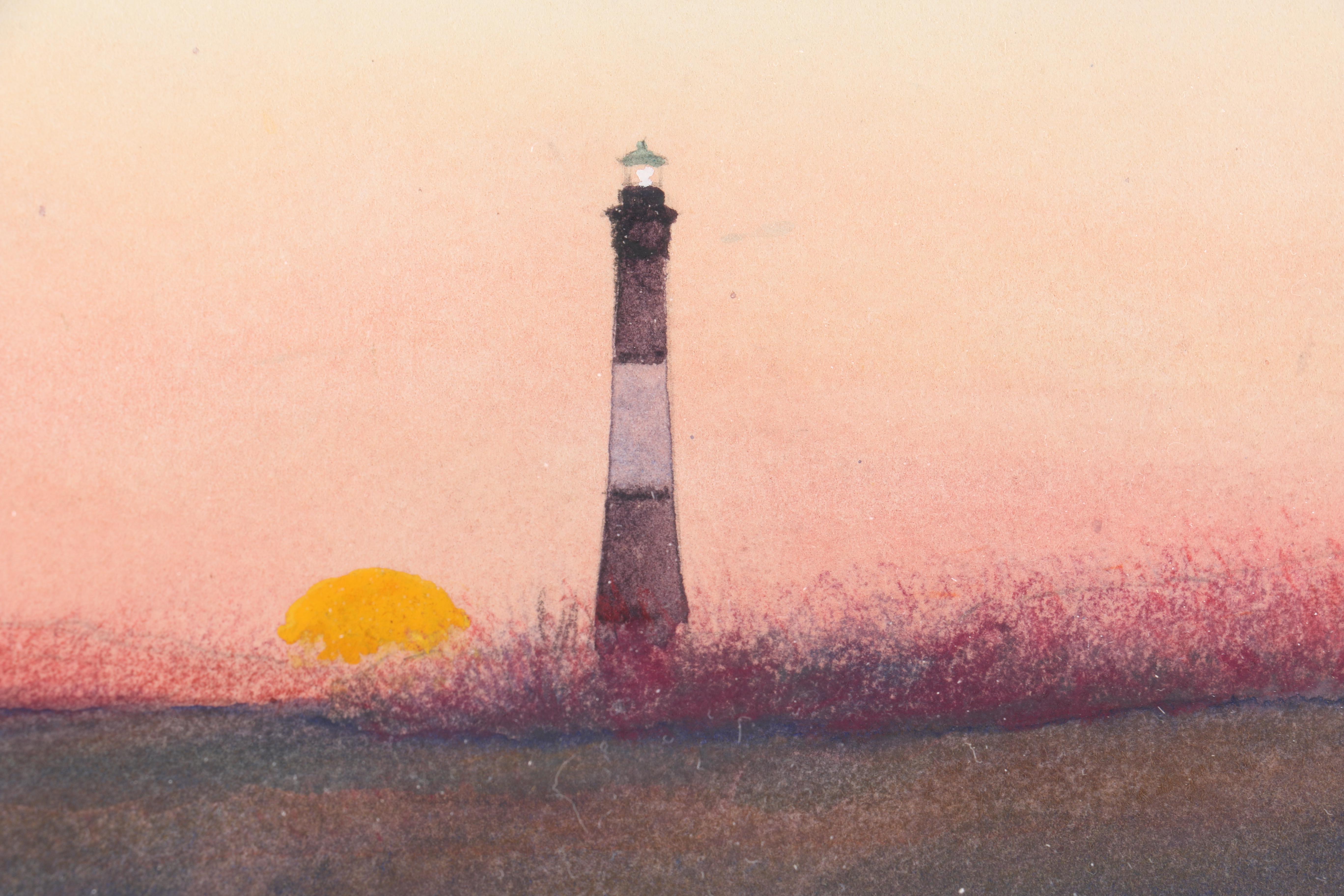 Luth Watercolor Landscape of Twilight Setting With Lighthouse and Deer